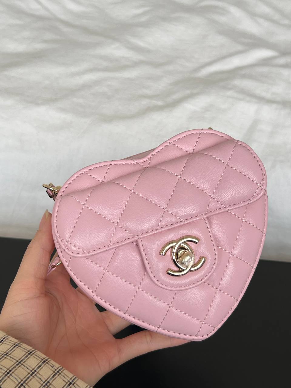 Chanel Pink Lambskin Quilted Heart Mini Crossbody Bag With Crystal Turnlock