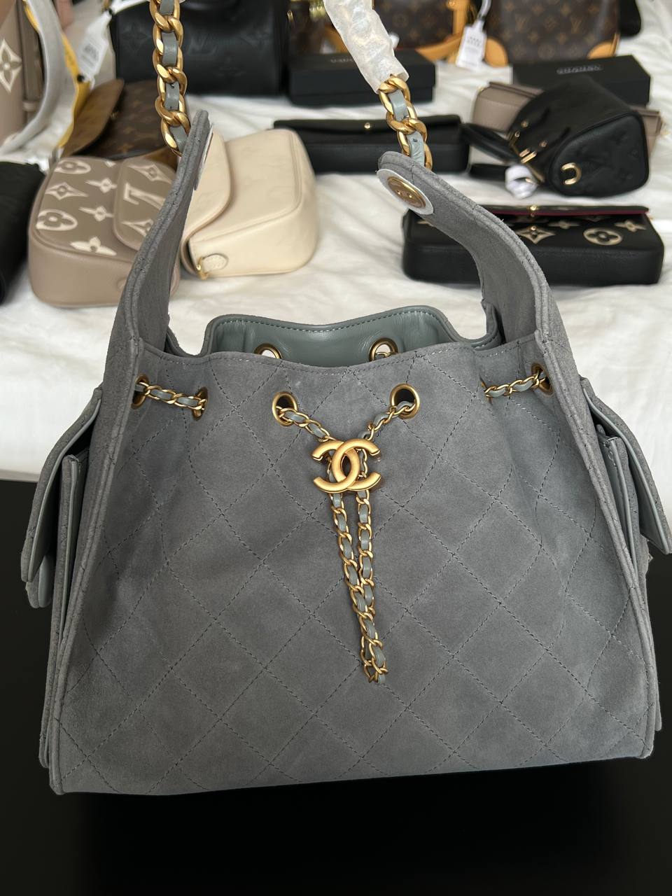 Chanel Grey Suede Quilted Drawstring Chain Tote Bucket Bag With Vintage Gold CC Logo