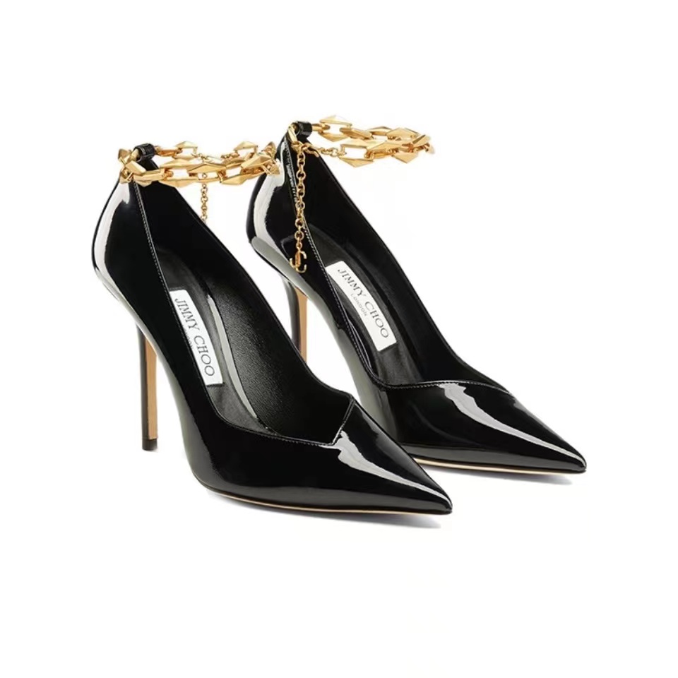 Jimmy Choo Talura Patent Leather Chain 10CM Slim Heel Slide Sandal