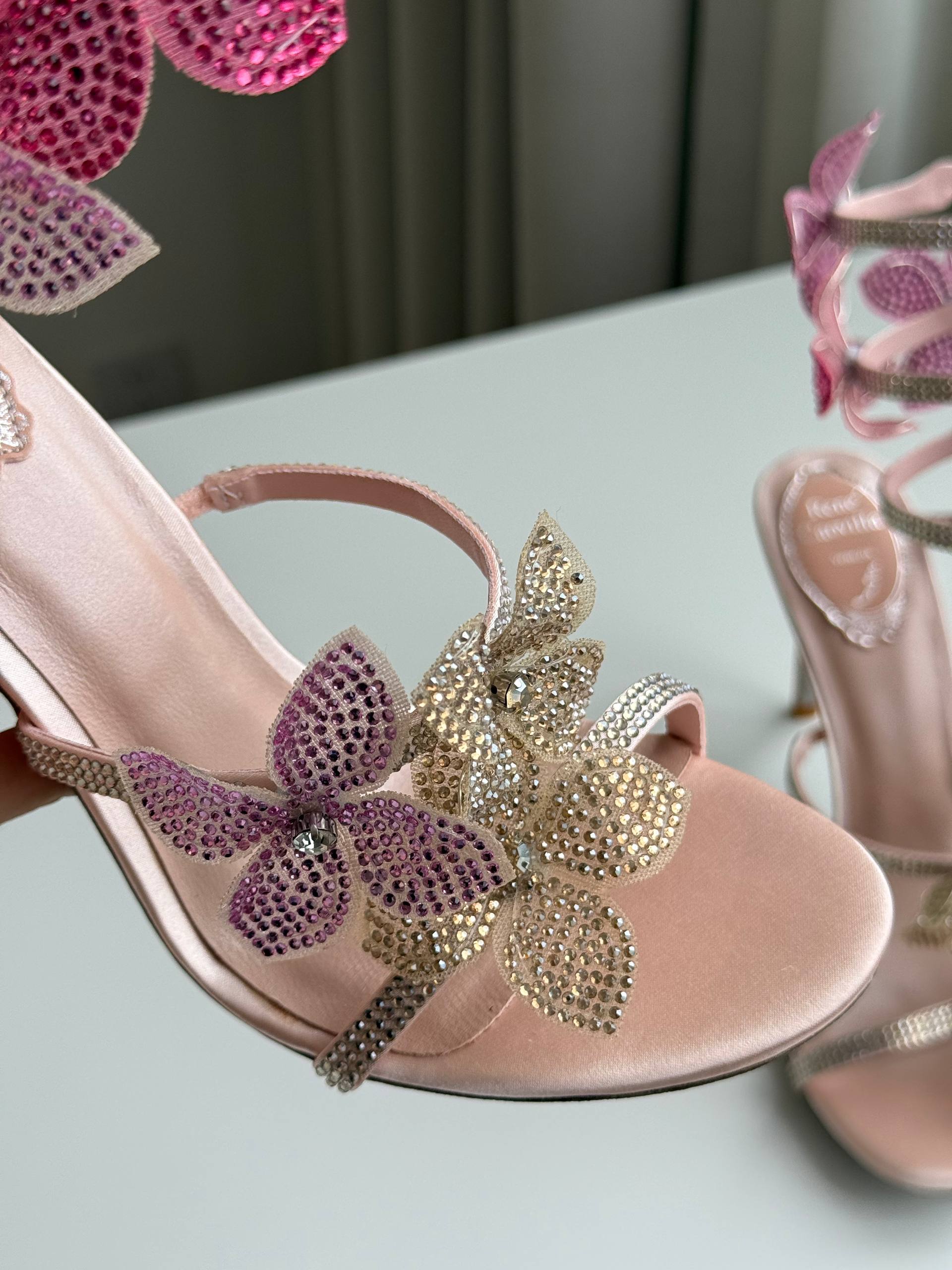 Rene Caovilla Gradient Crystal Flower Wrap-Around Ankle Strap High Heel Sandals