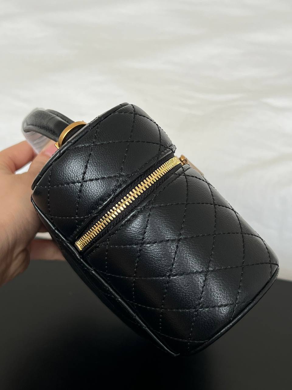 Yves Saint Laurent Black Caviar Quilted Gold Logo Top Handle Mini Vanity Box Bag