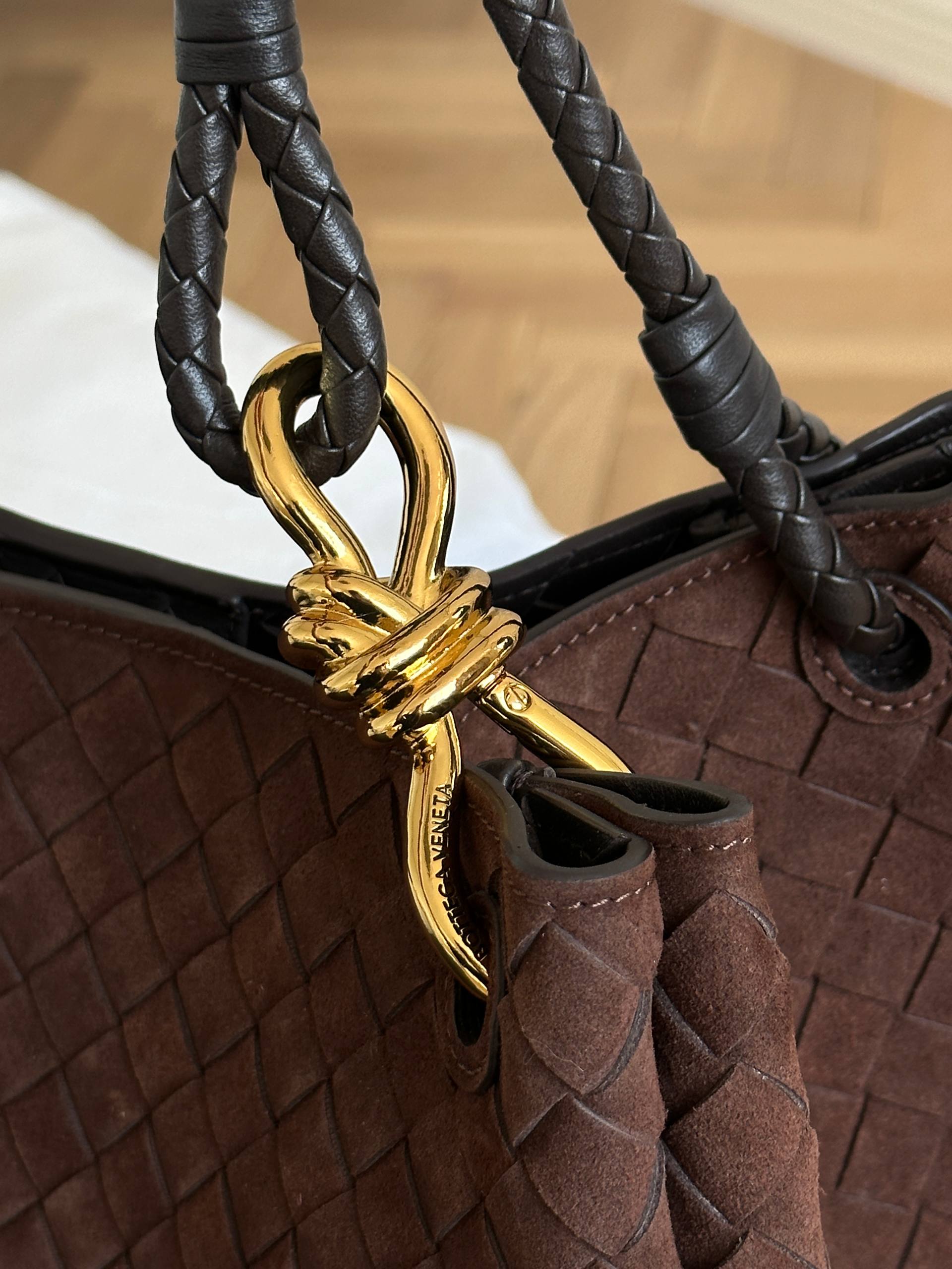 Bottega Veneta Dark Brown Suede Intrecciato Woven Knot Tote Bag