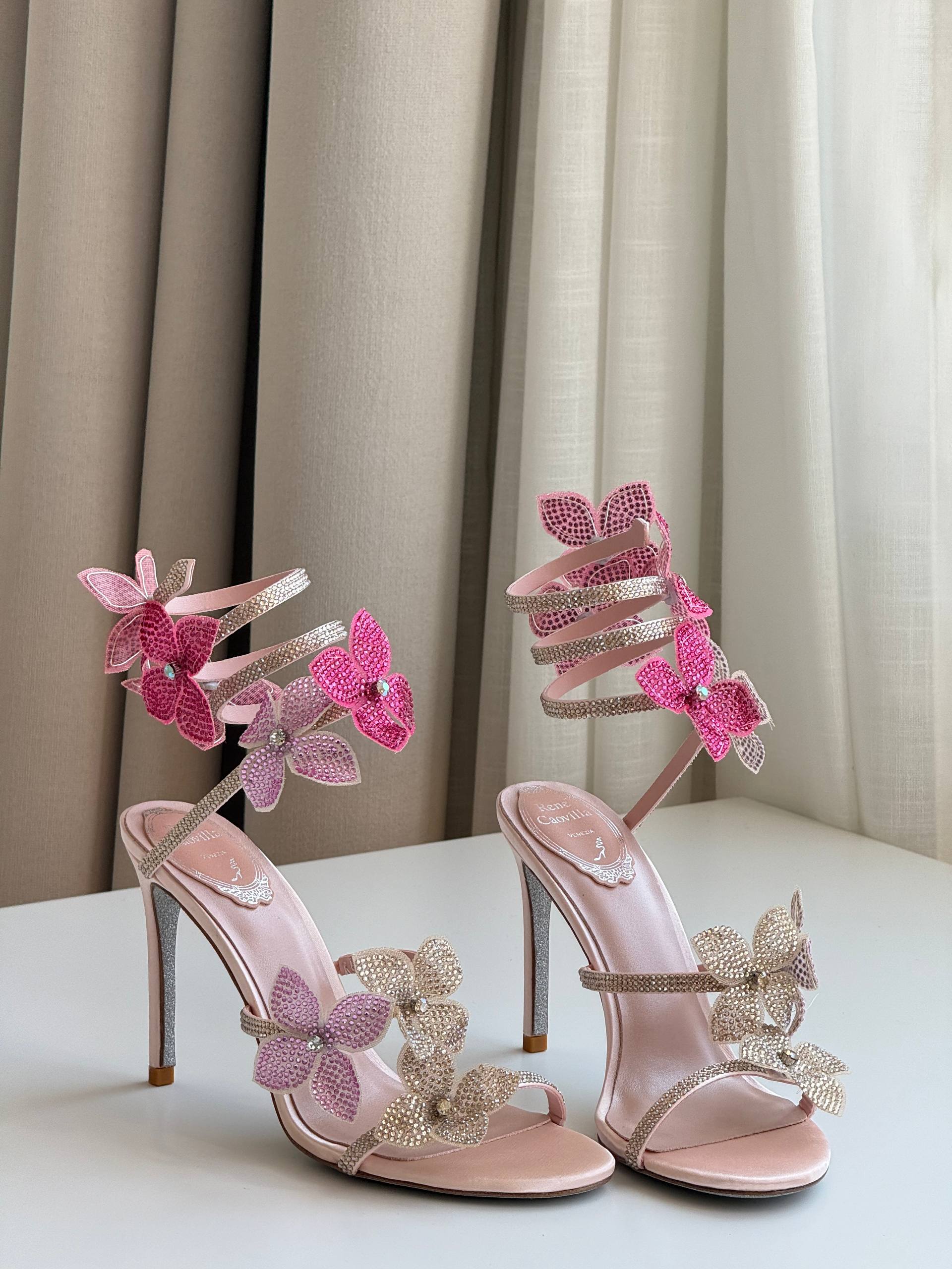 René Caovilla Floriane 105mm Crystal Flower-Embellished Satin Wrap Sandals