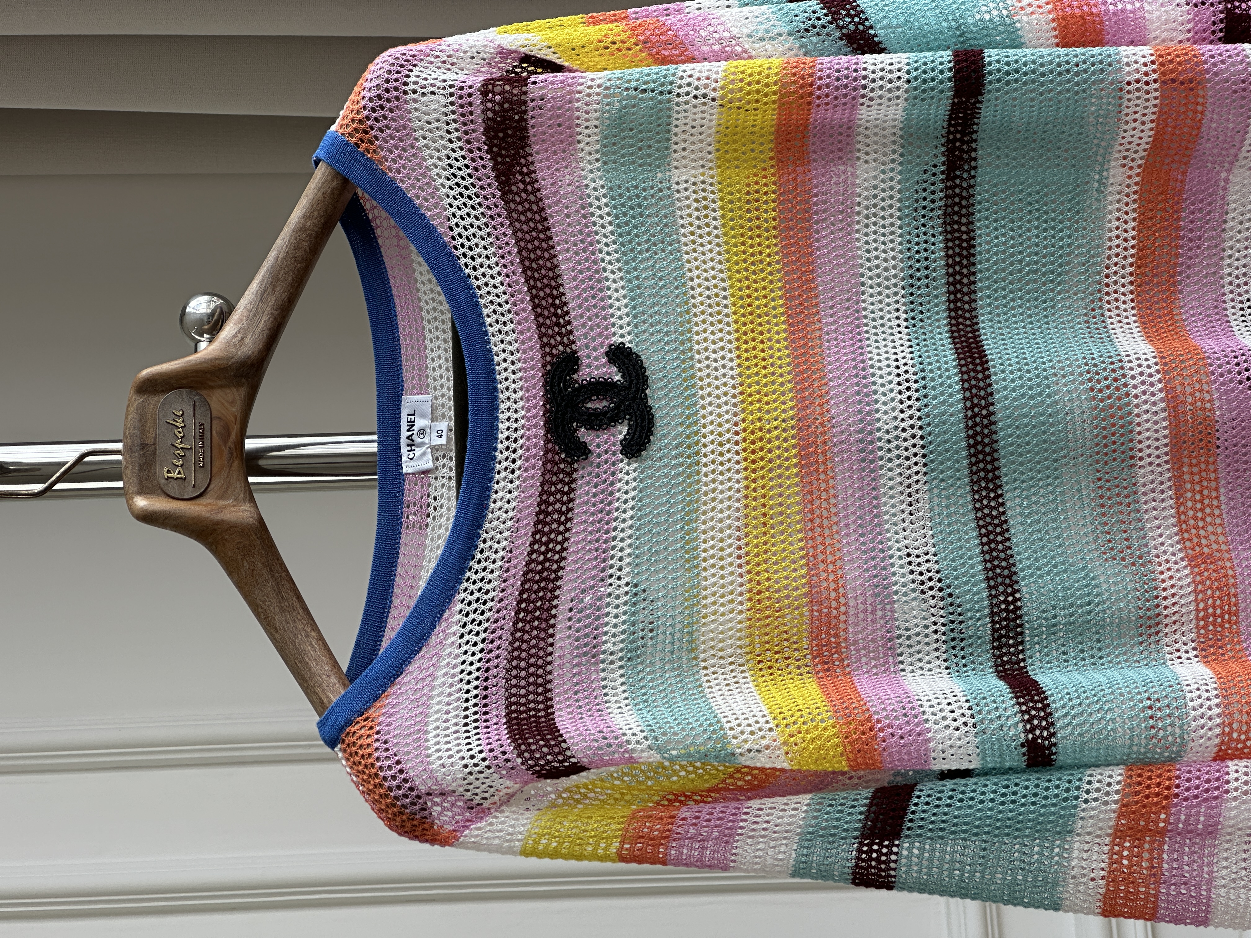 Chanel Macaron Rainbow Stripe Hollow Mesh Knit Top With Black Embroidered Interlocking CC Logo