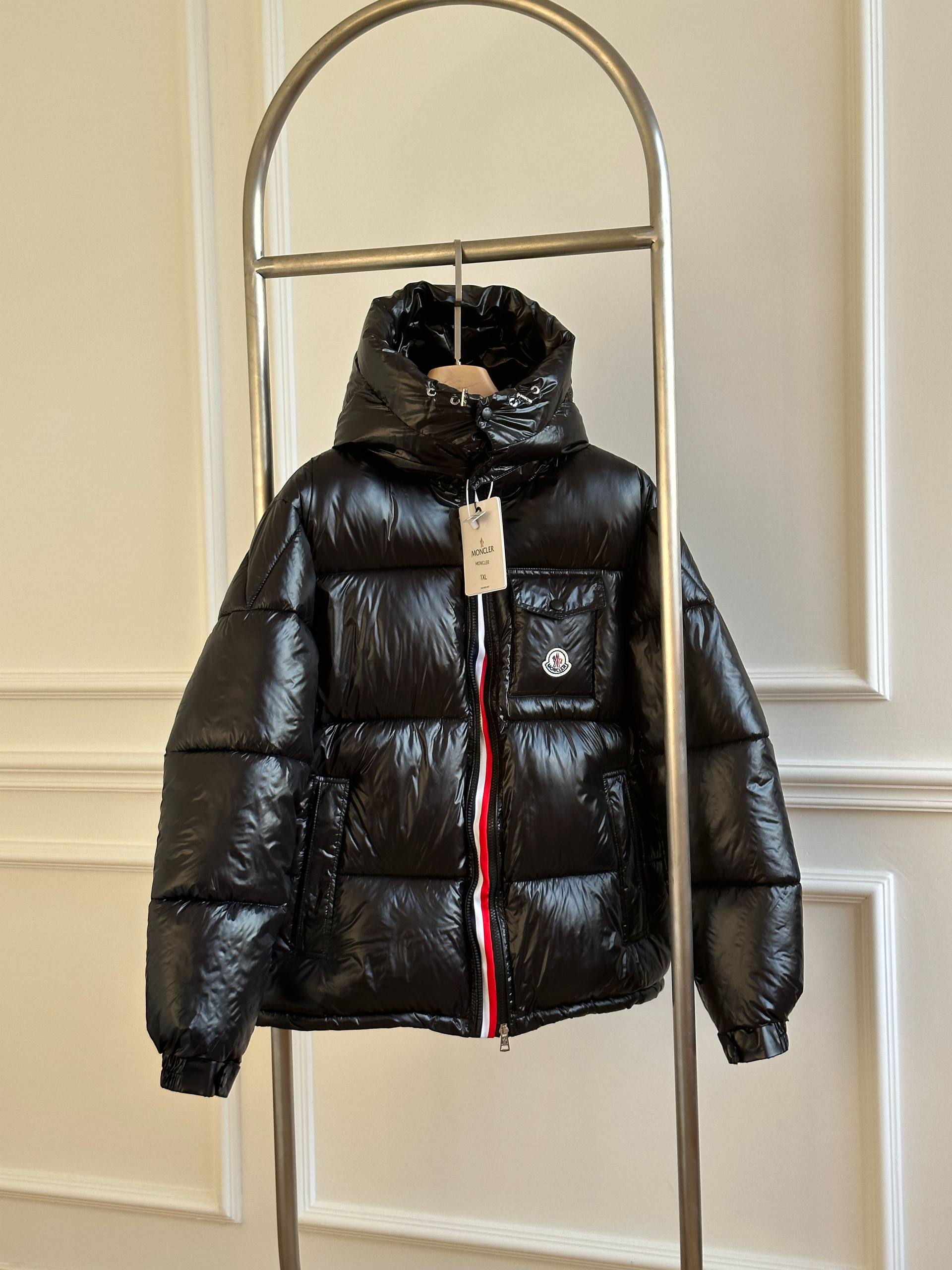 Moncler Shiny Hooded Short Down Jacket with Chest Badge & Tricolor Zipper Tape