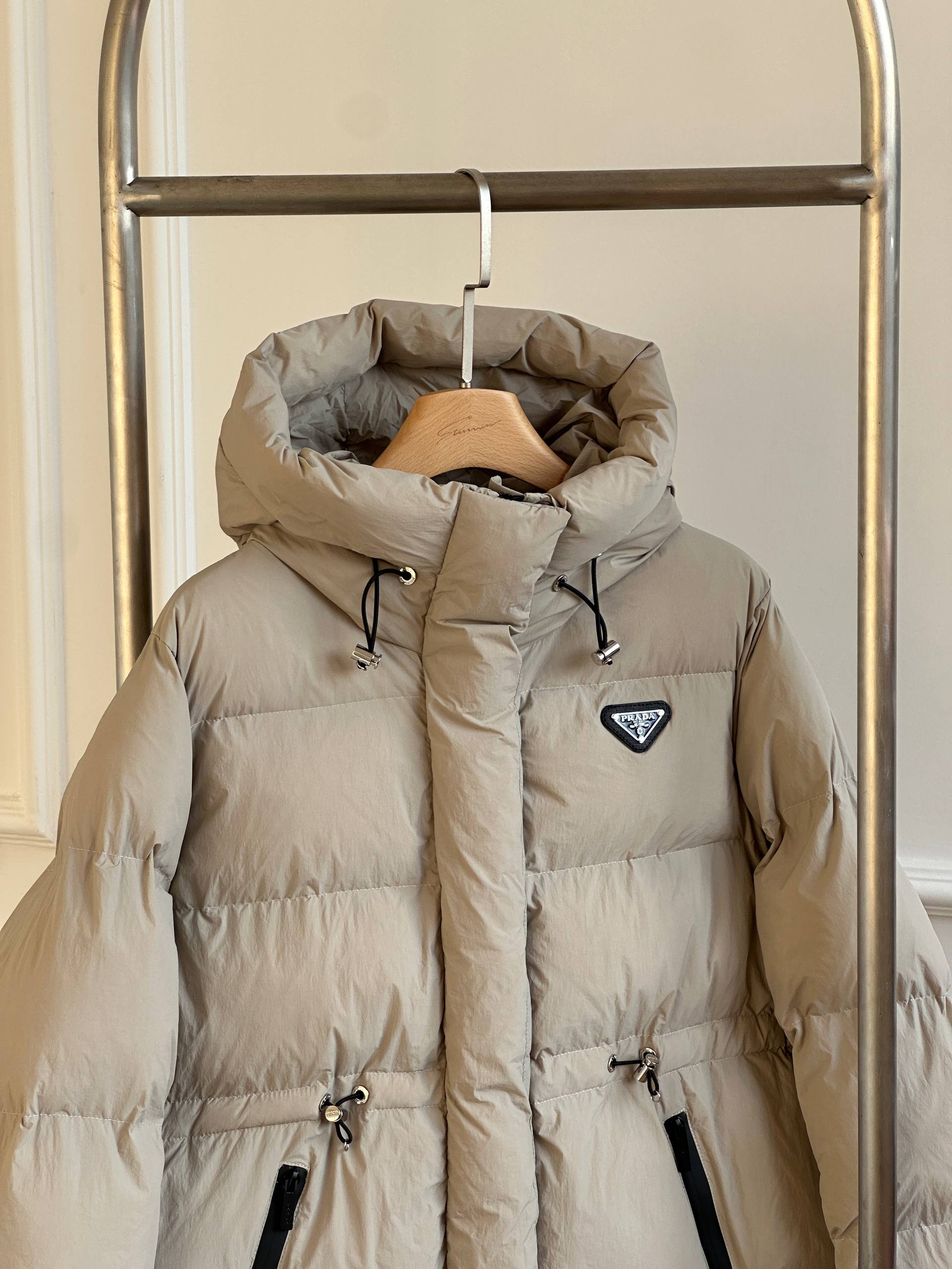 Prada Hooded Loose Down Jacket with Triangle Logo & Waist Drawstring
