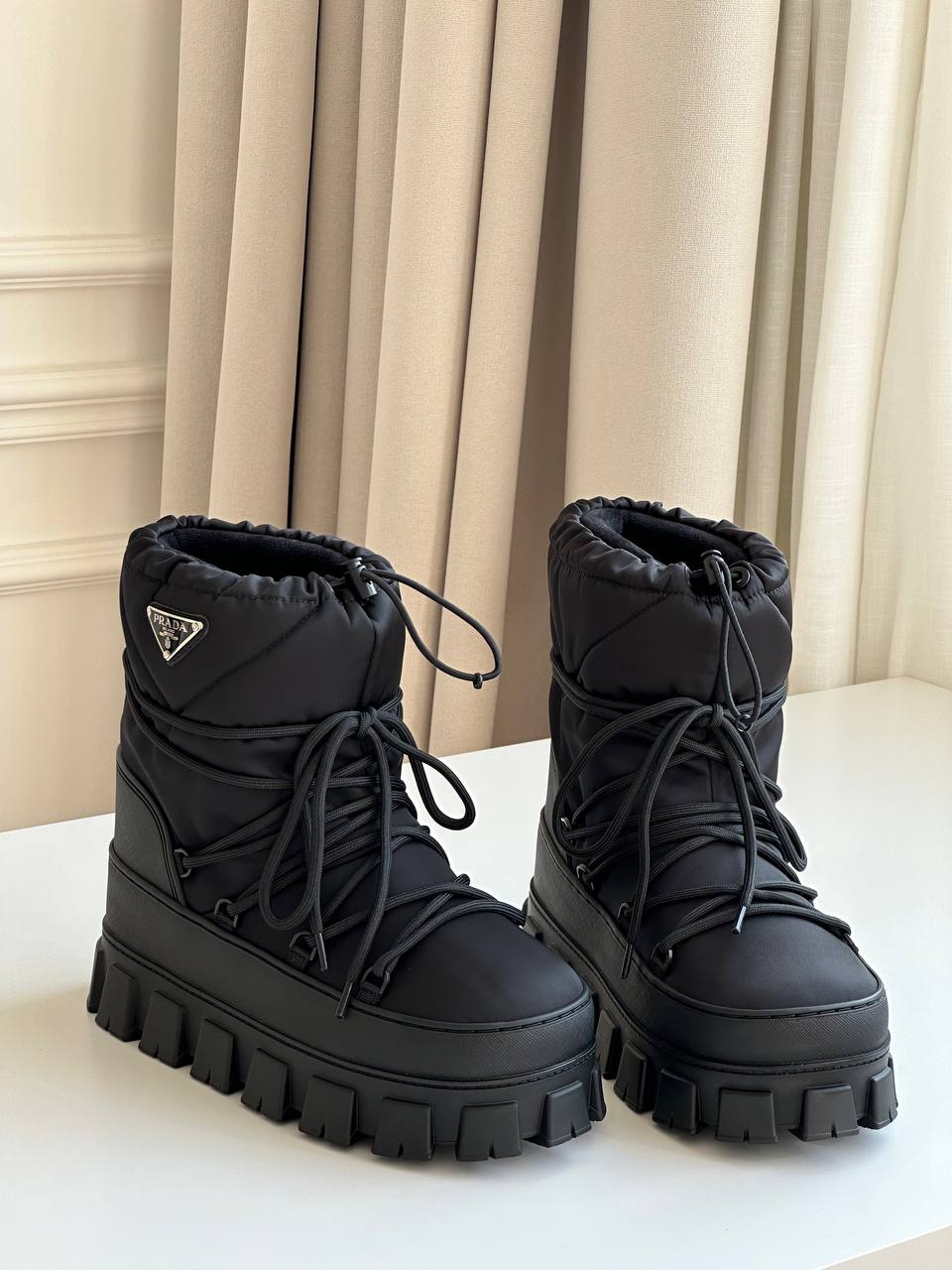 Prada Black Quilted Nylon Triangle Logo Platform Drawstring Lace-Up Snow Ankle Boots