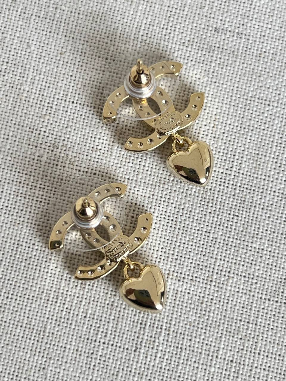 Chanel Crystal Interlocking CC Heart Drop Earrings