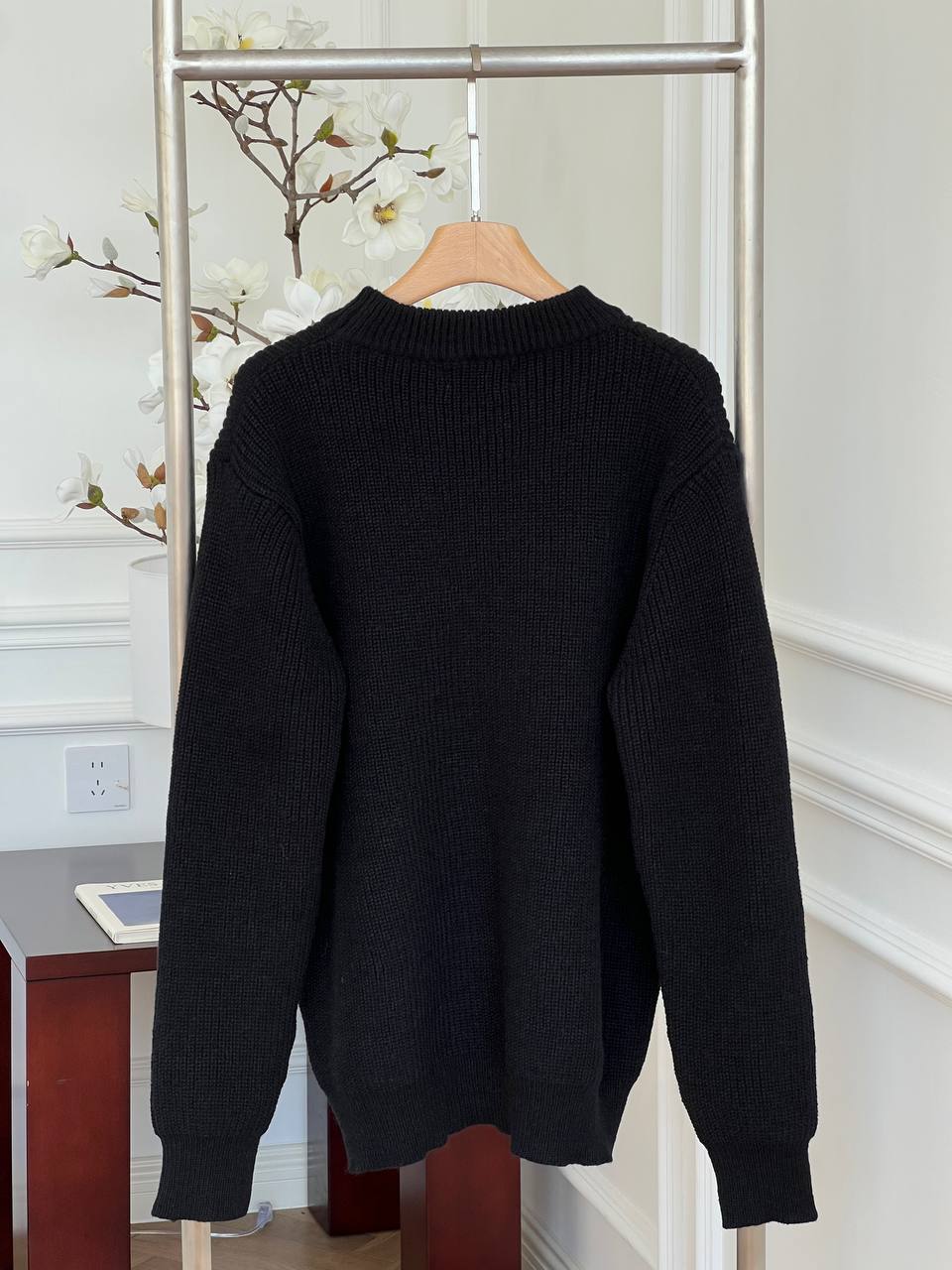 Celine Black Thick Rib Knit Crewneck Oversized Sweater With Logo Embroidery