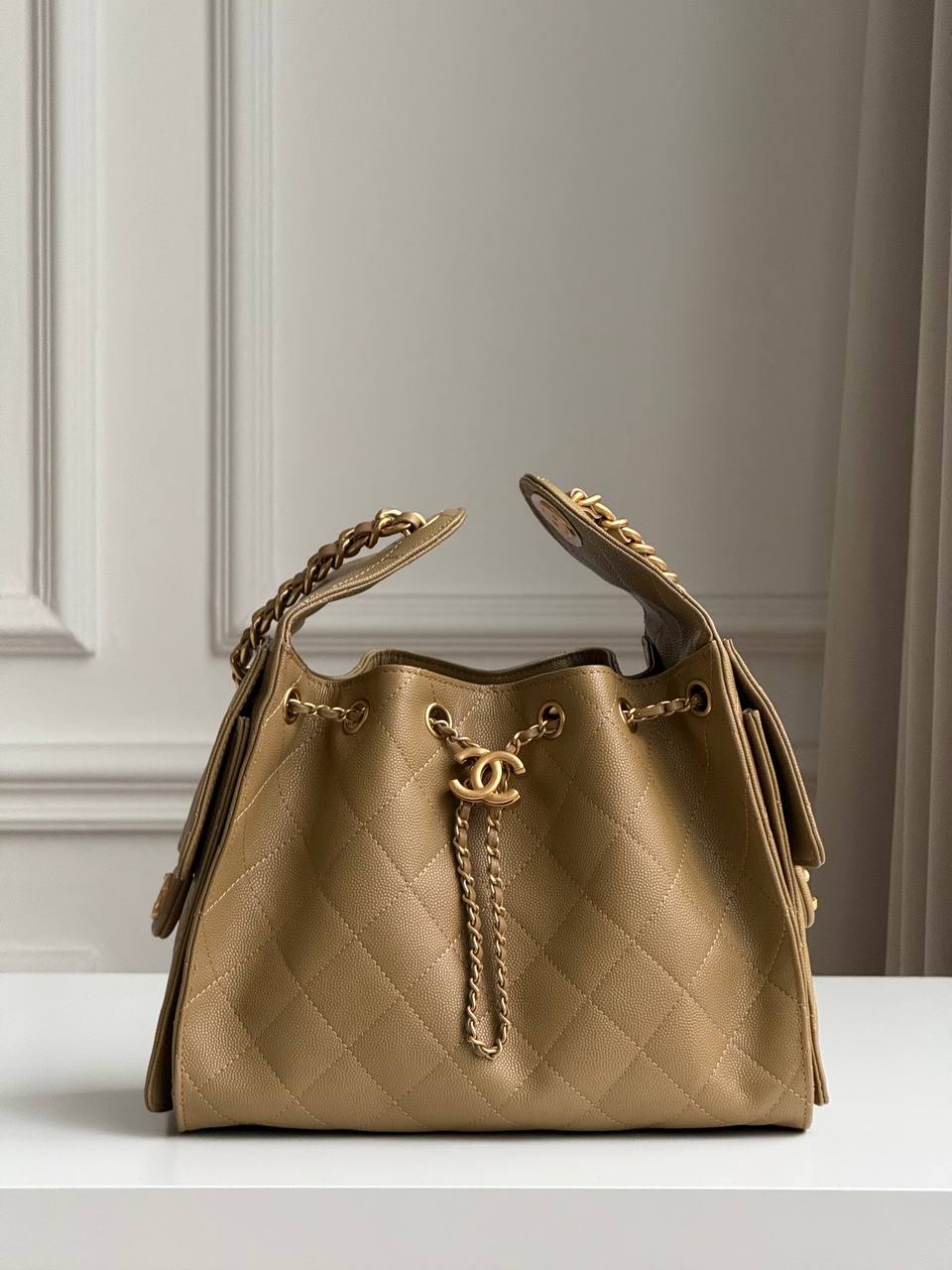 Chanel 25 Caramel Caviar Quilted Drawstring Bucket Bag