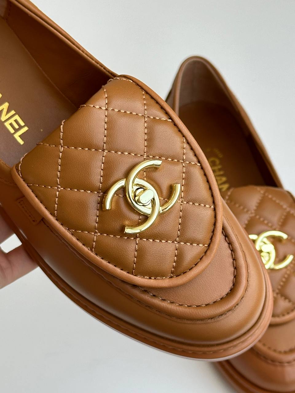 Chanel Caramel Brown Smooth Calfskin Quilted Flap Turn-Lock Gold CC Low-Heel Loafers
