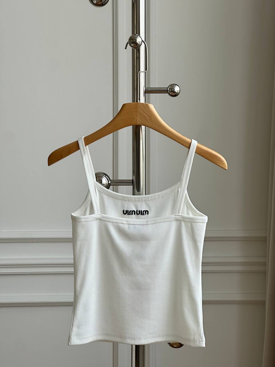 Miu Miu White Ribbed Knit U-Neck Thin Strap Tank Top With Black Embroidery Logo