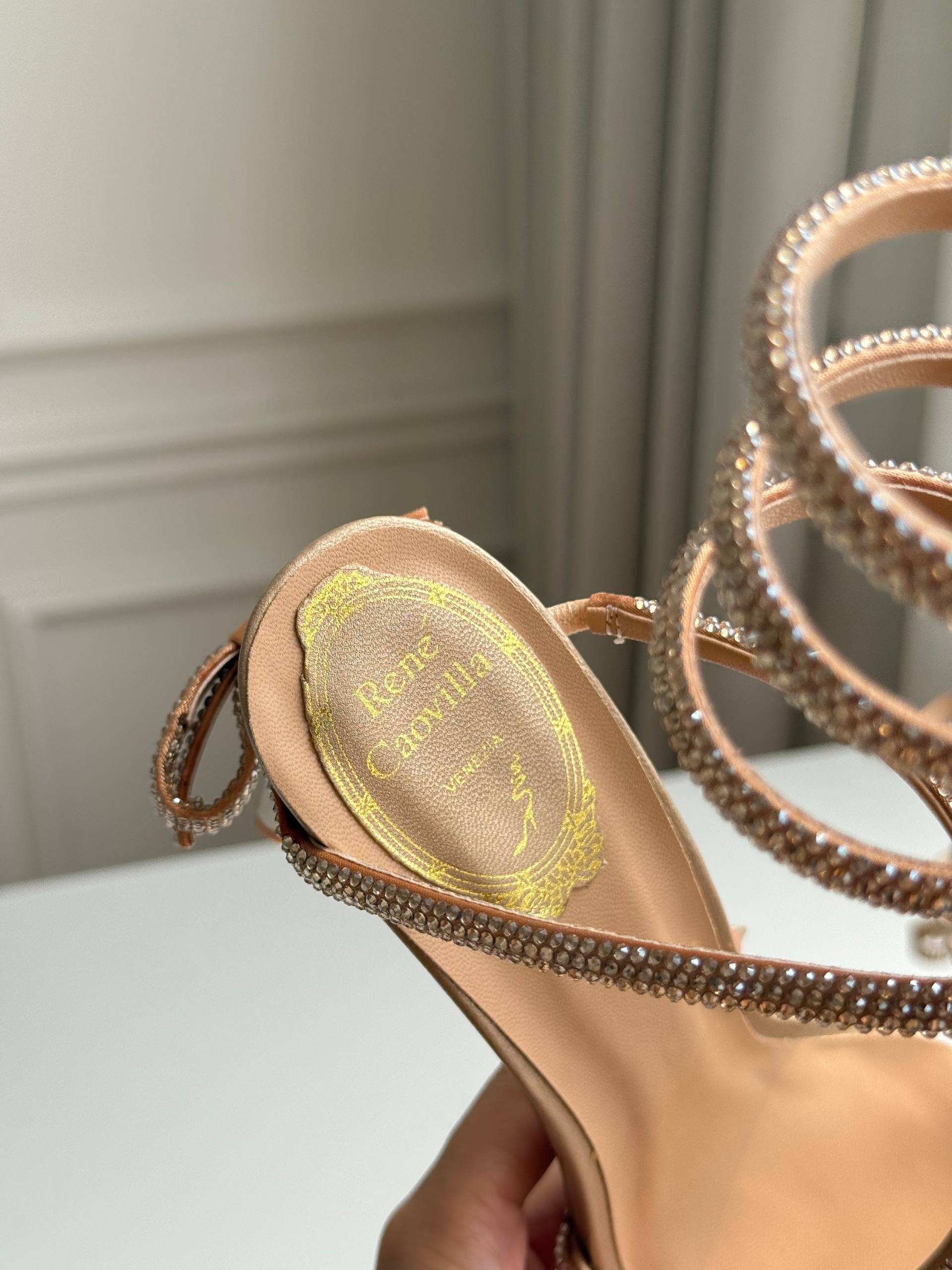 Rene Caovilla Cleo Series Nude Rhinestone Snake Wrap High-Heel Sandals