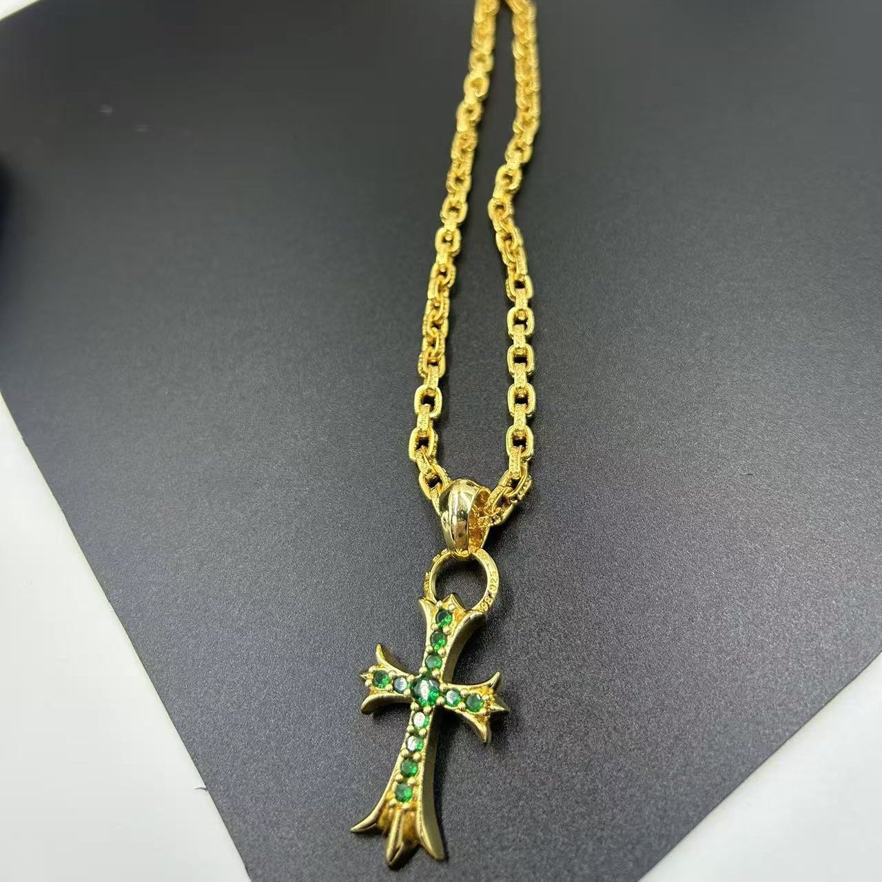 CHROME HEARTS 22K GOLD GREEN DIAMOND CROSS NECKLACE