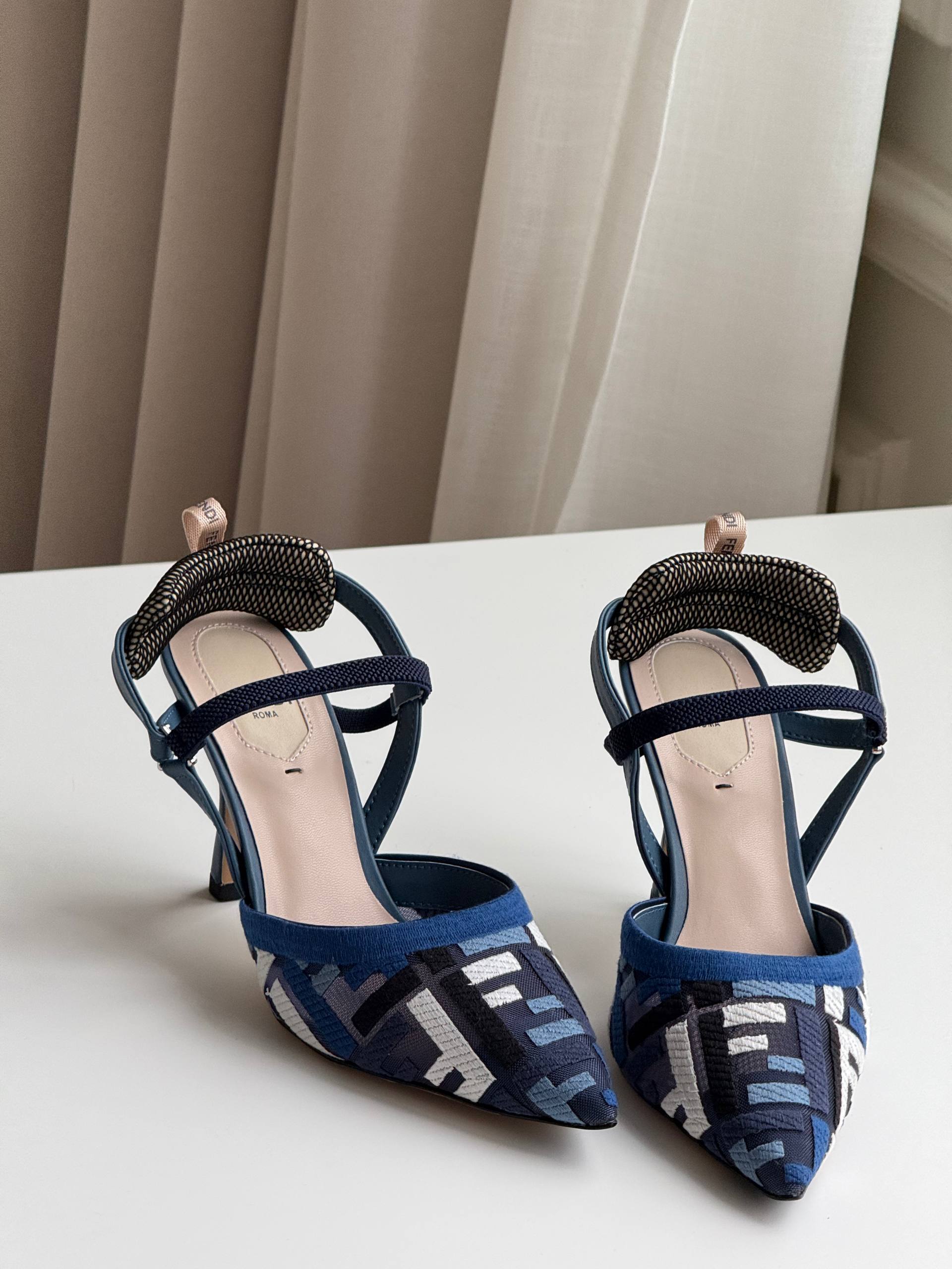 Fendi FF Logo Jacquard Pointed Toe Slingback Stiletto Sandals