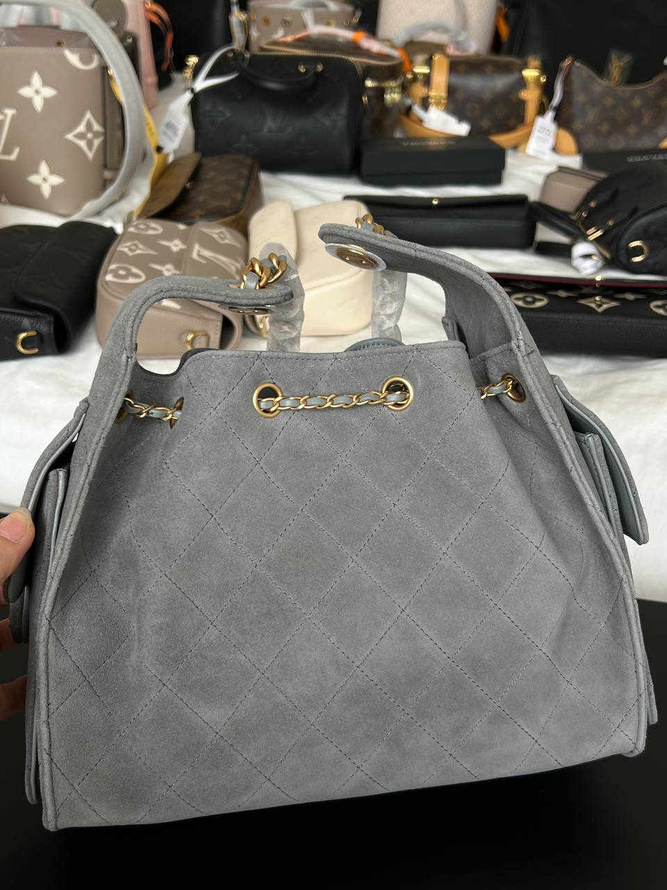 Chanel Grey Suede Quilted Drawstring Chain Tote Bucket Bag With Vintage Gold CC Logo