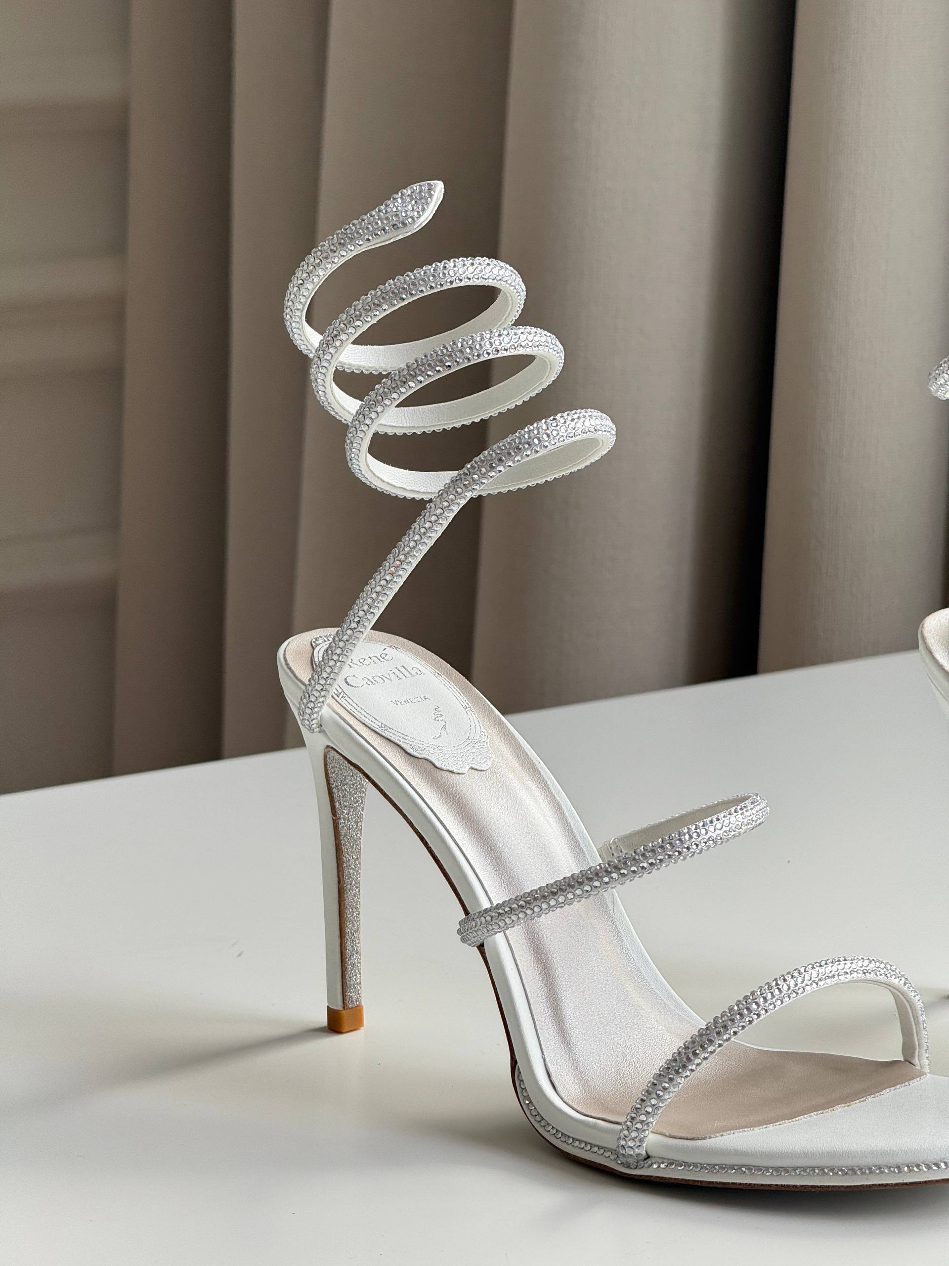 René Caovilla Cleo Crystal-Embellished White Satin Sandals