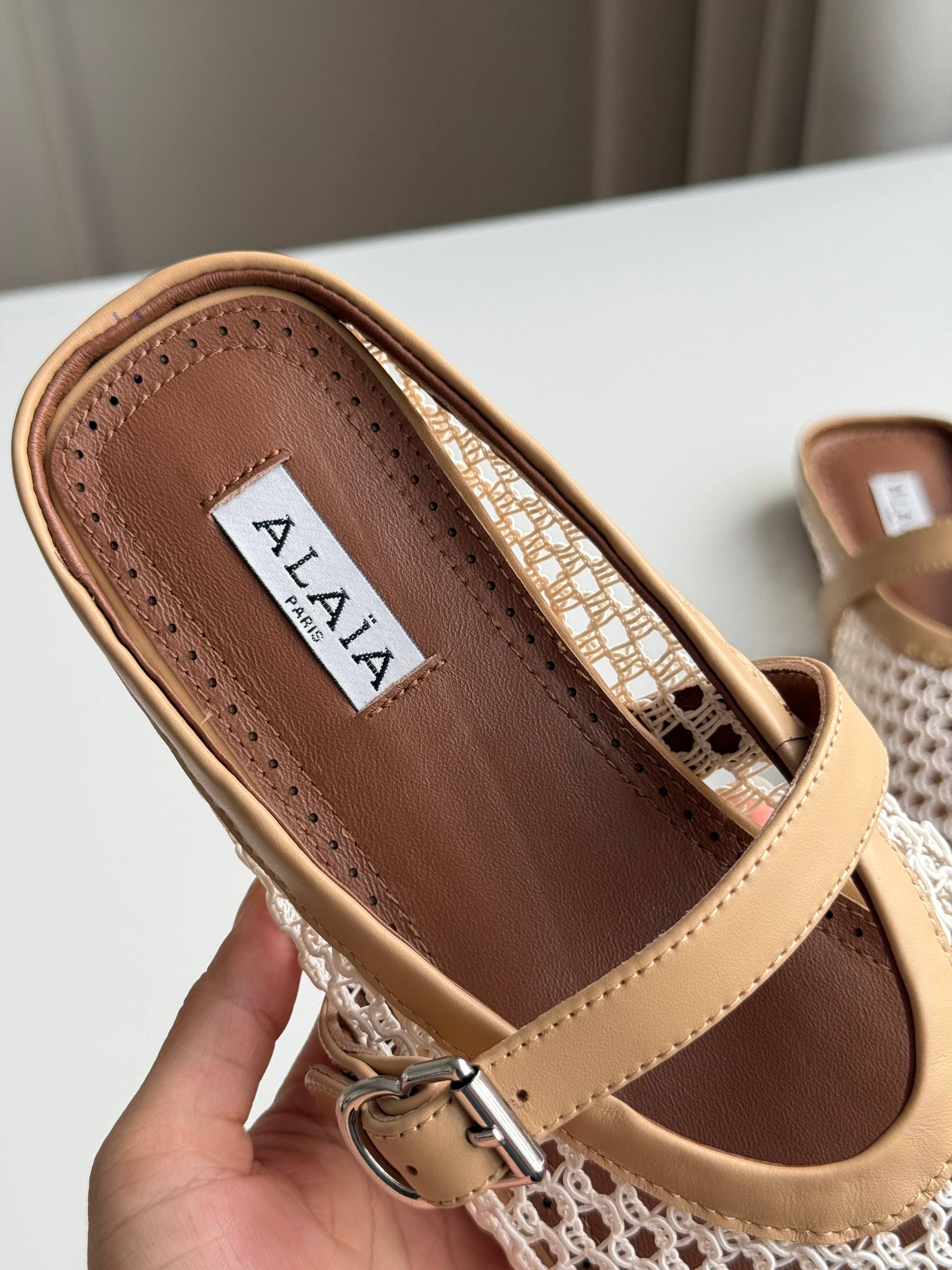 Alaïa Hollow-out Woven Mary Jane Flat Mule Shoes
