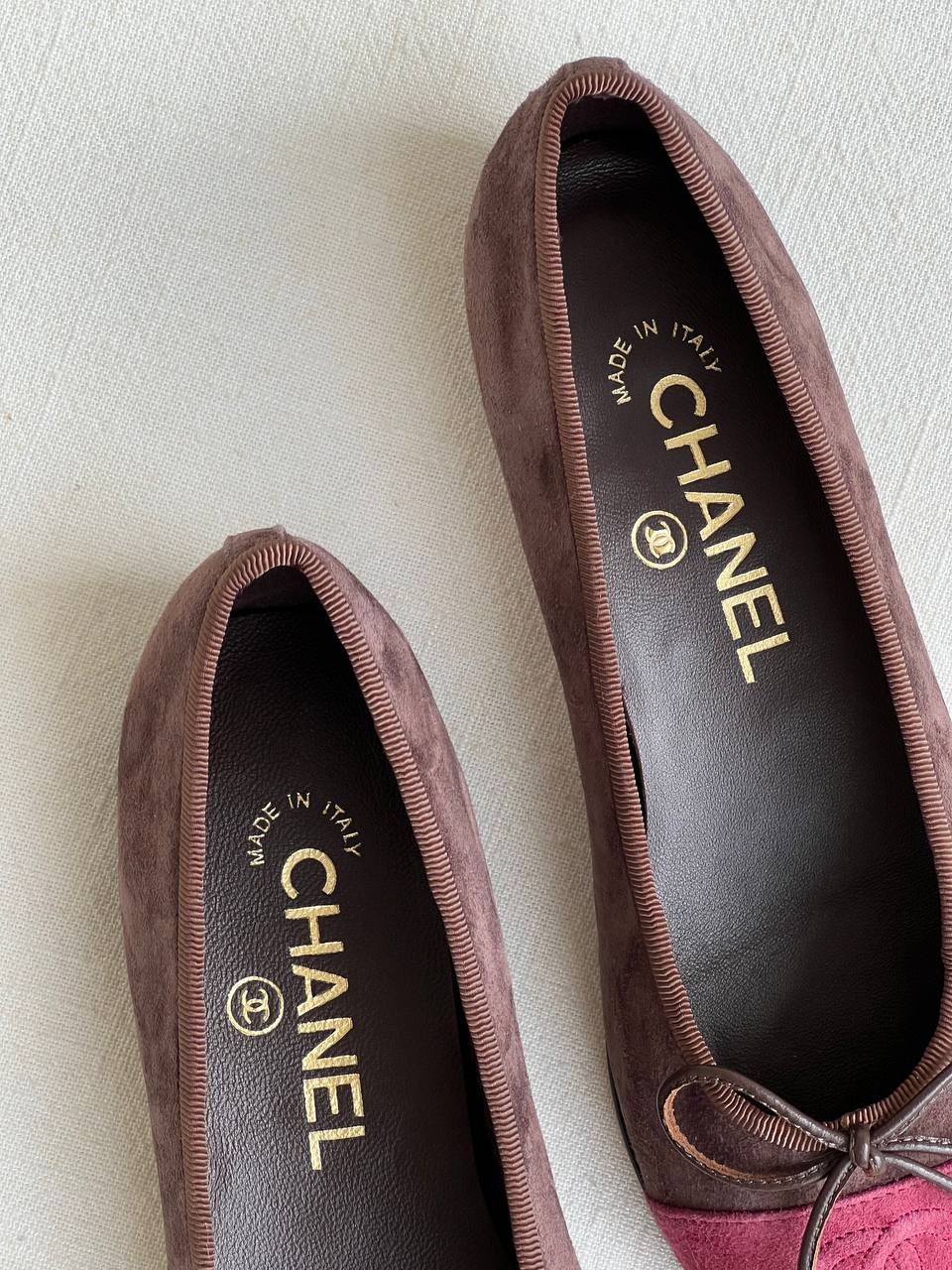 Chanel Dark Brown & Wine Red Contrast Suede Bow CC Logo Flat Ballet Flats