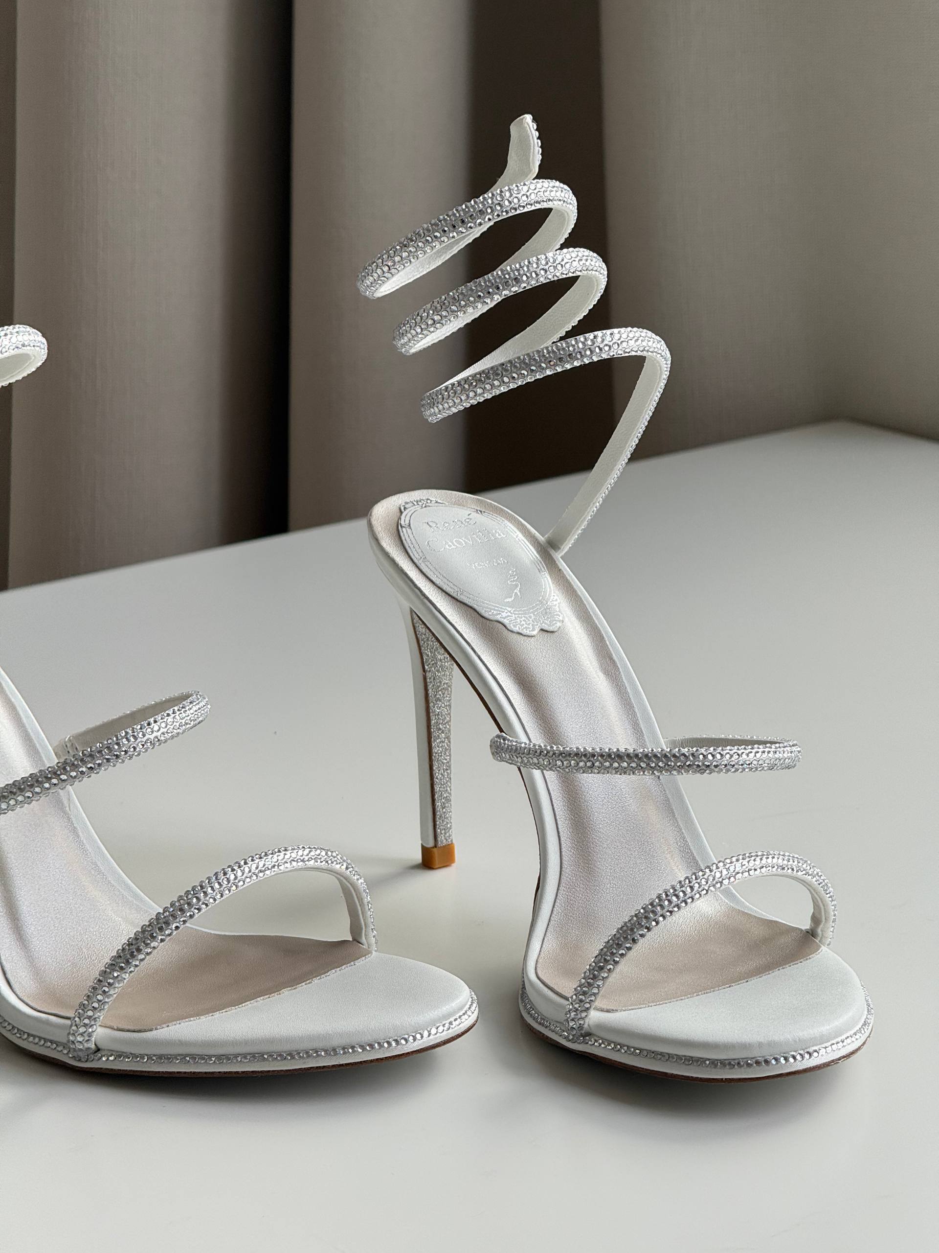 René Caovilla Cleo Crystal-Embellished White Satin Sandals
