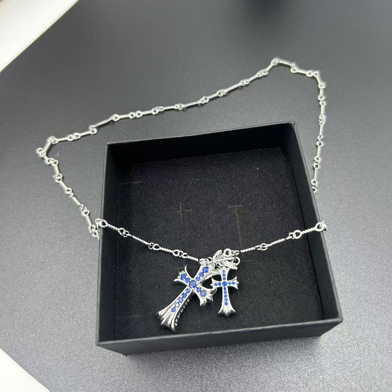 CHROME HEARTS BLUE DIAMOND DOUBLE CROSS LAYERED NECKLACE