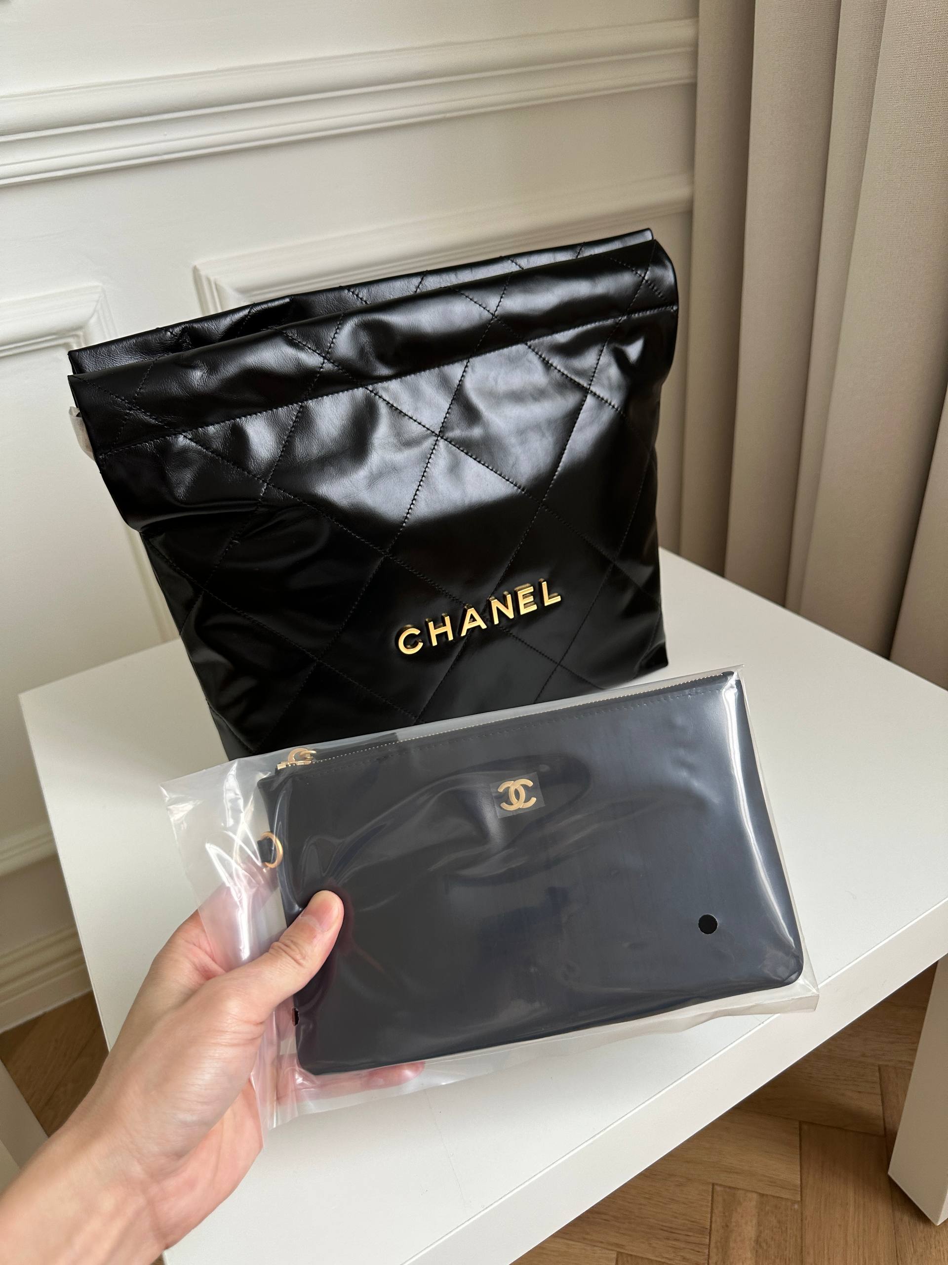 Chanel 22 Large Black Shiny Quilted Leather Tote Crossbody Bag