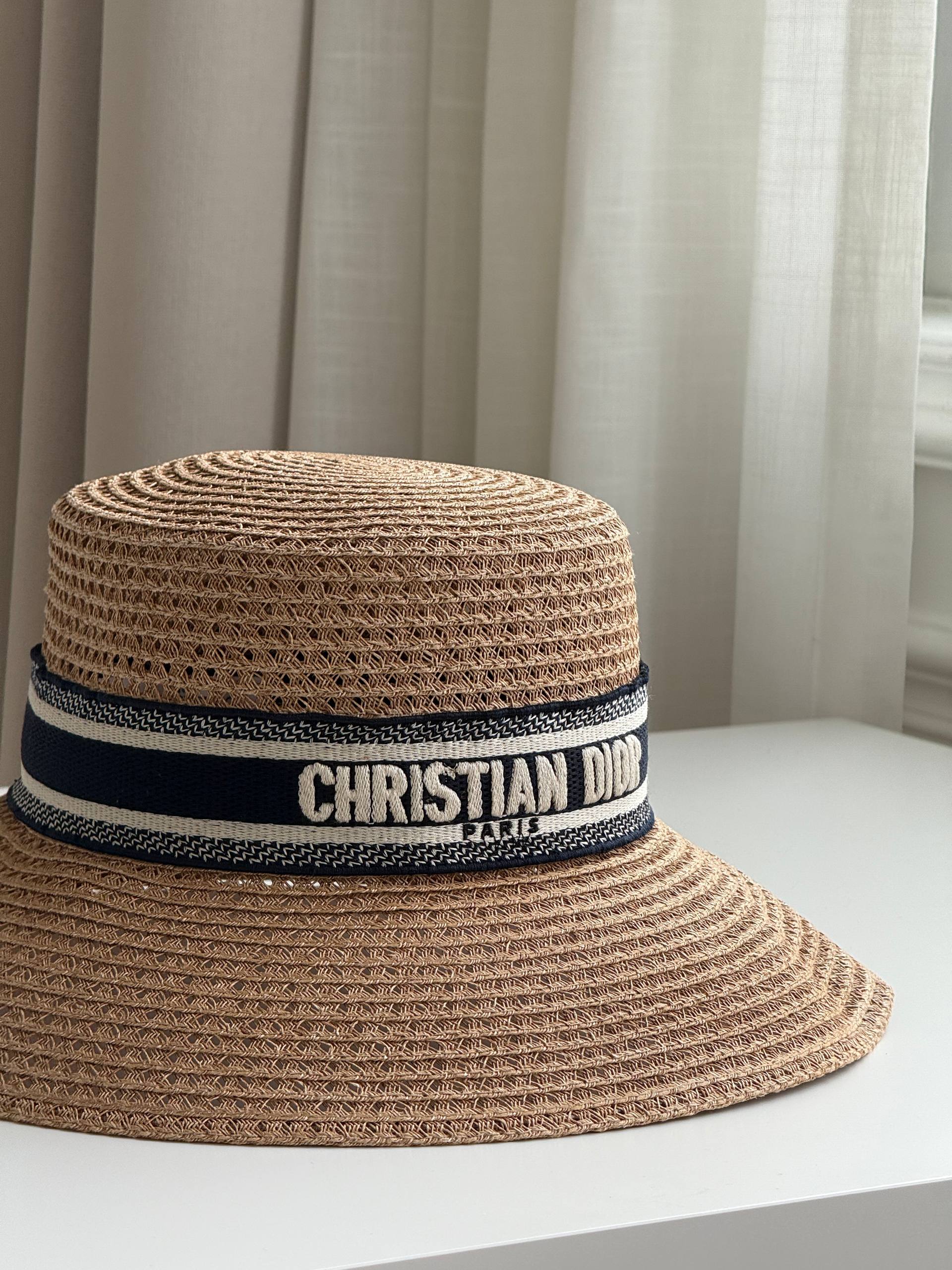 DIOR D-Bobby Large Brim Straw Hat with Embroidered Band