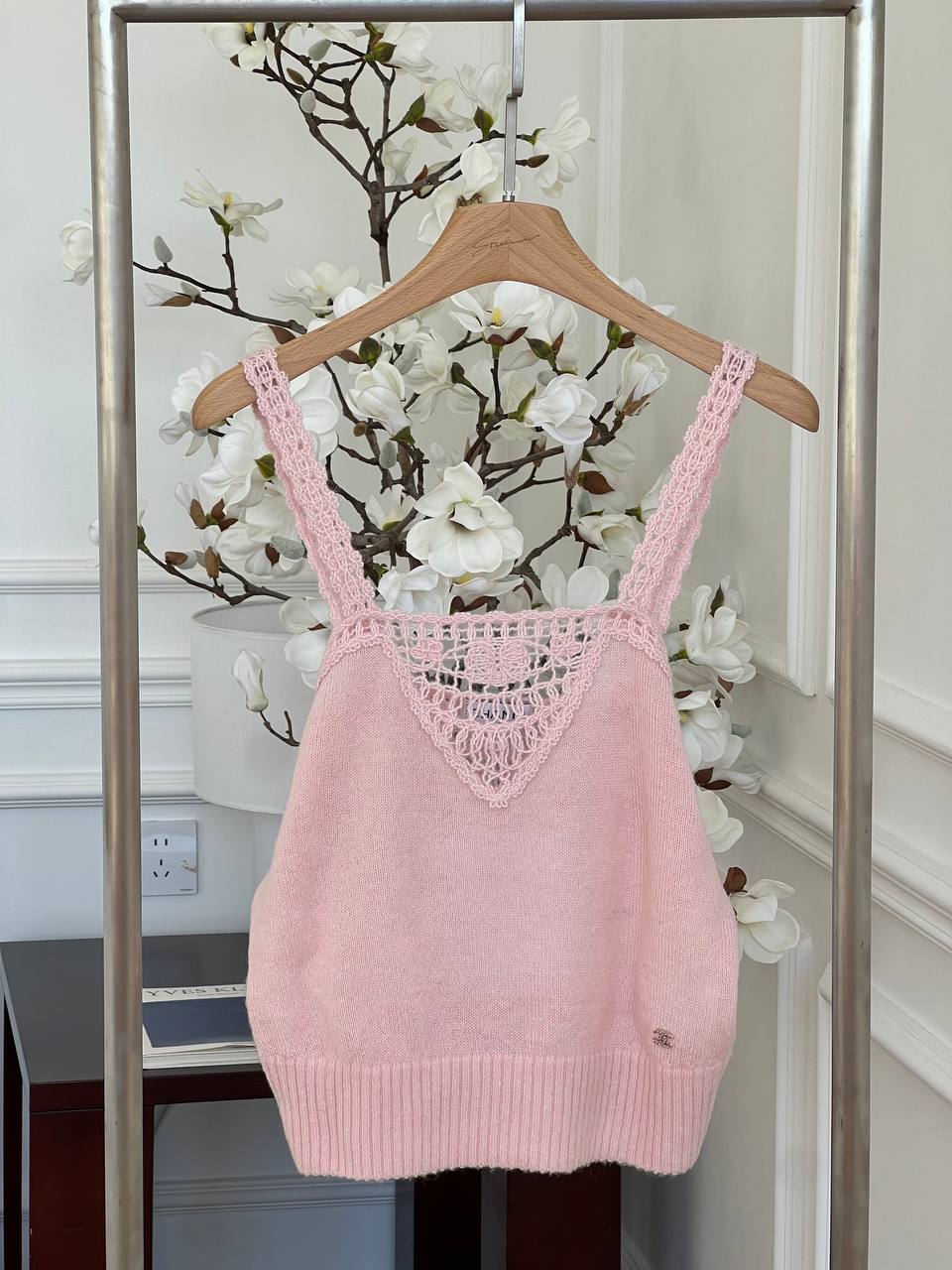 Chanel Blush Pink Hollow-out Lace Knit Camisole Top