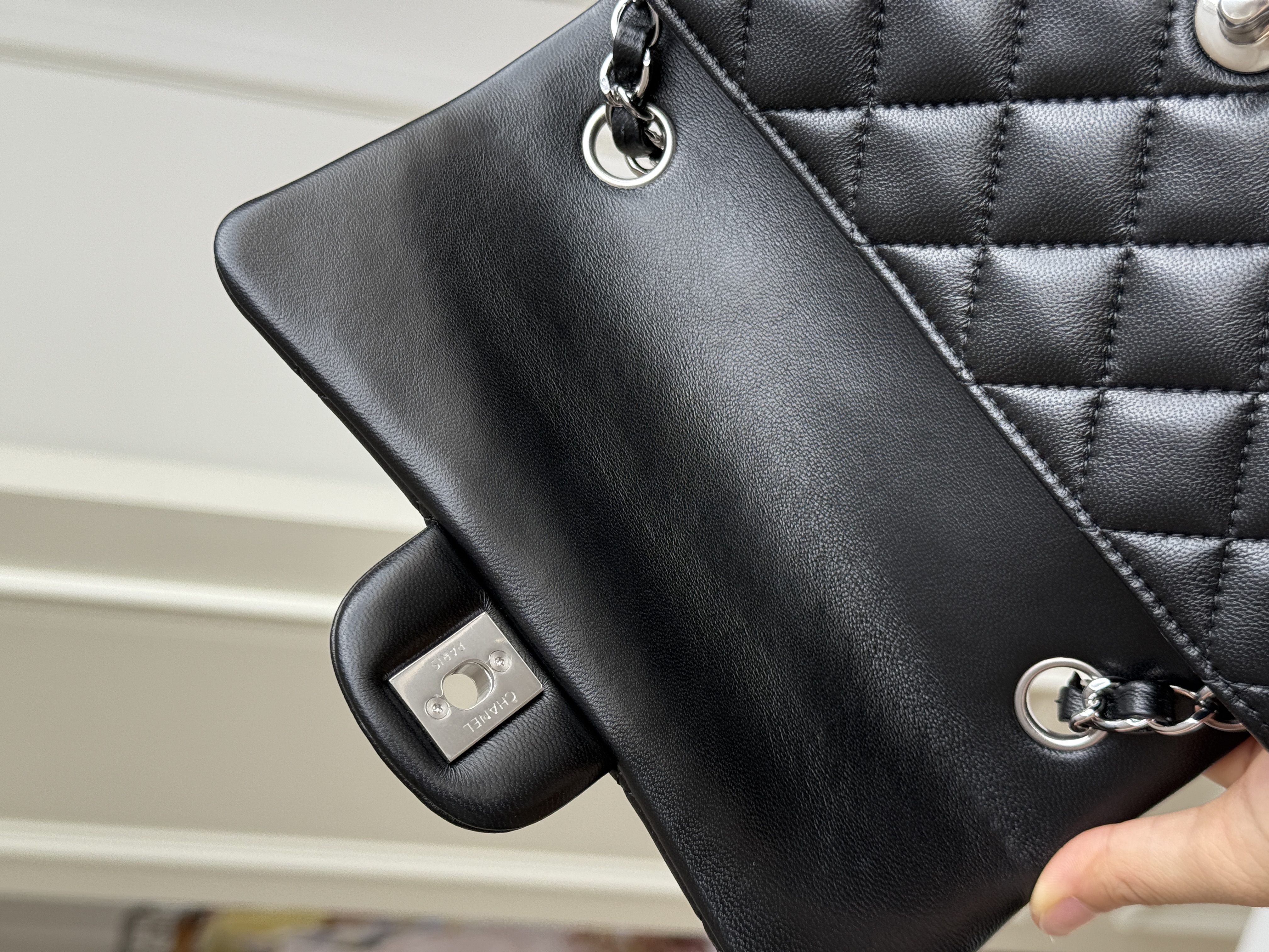 Chanel Black Caviar Leather Classic Flap Silver CC Chain Bag