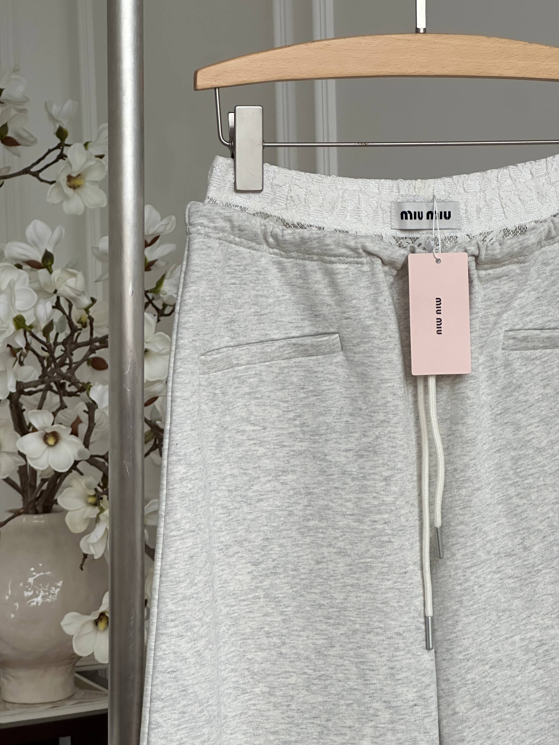 Miu Miu Light Heather Grey Drawstring Wide Leg Knit Sweatpants