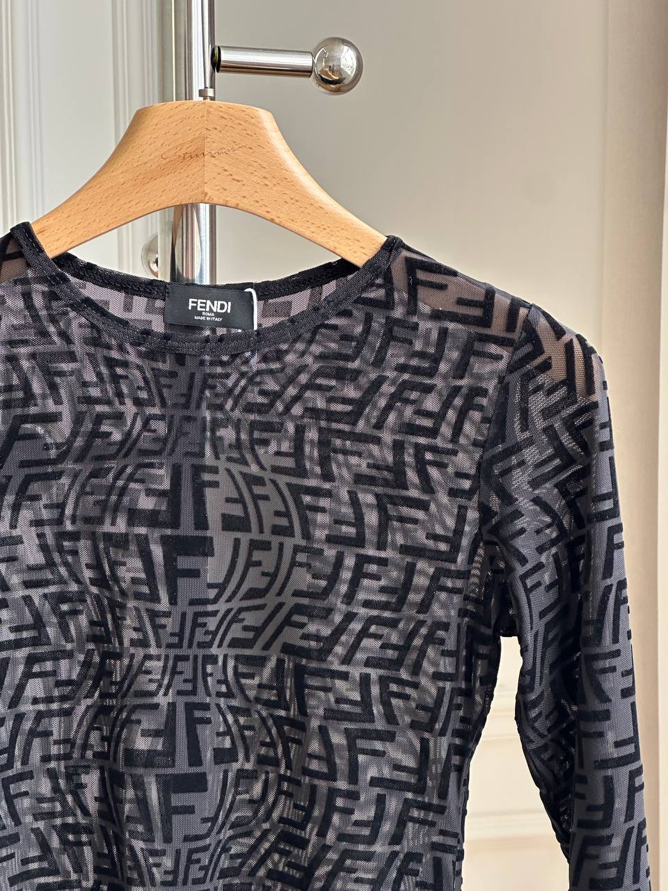 Fendi FF Logo Flocked Mesh Long-Sleeve Bodysuit