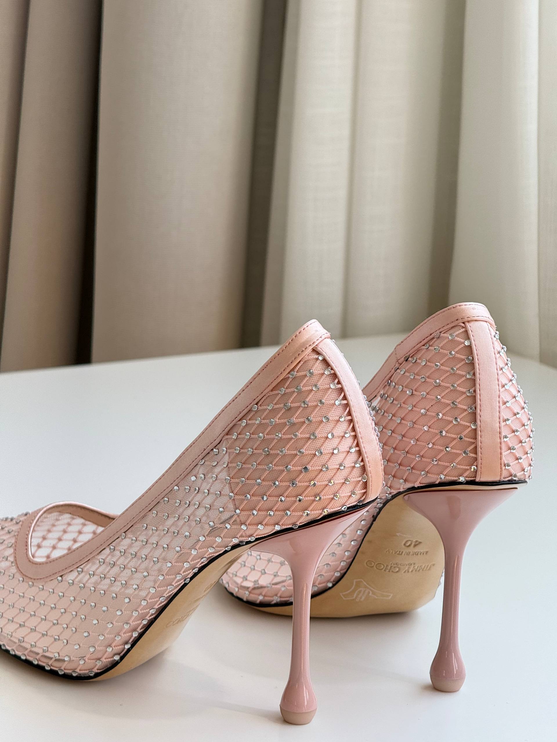 Jimmy Choo Love 85 Ballet Pink Mesh Pointed-Toe Pumps with Dégradé Crystals