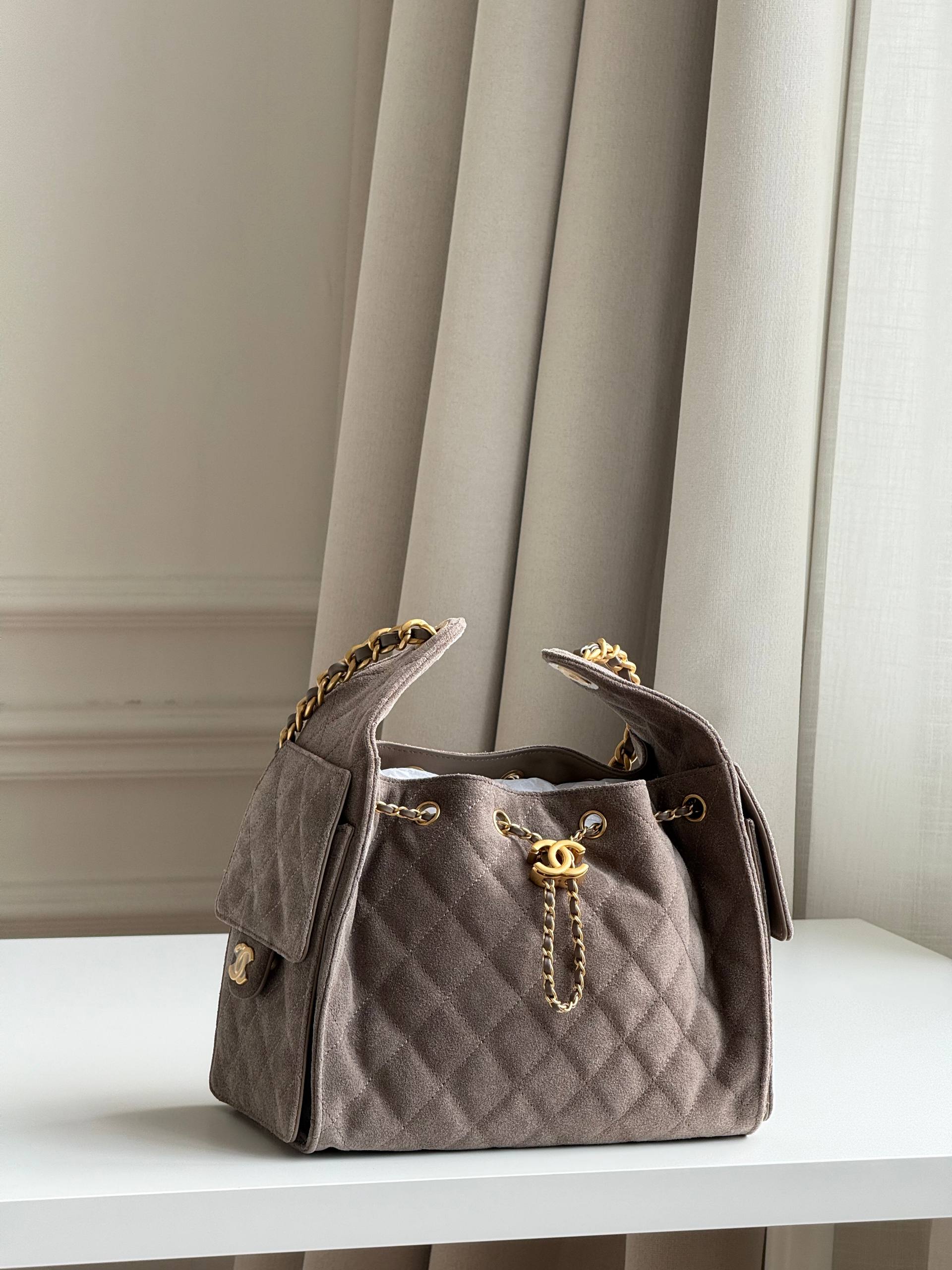 Chanel 25C Suede Quilted Drawstring Hobo Bag