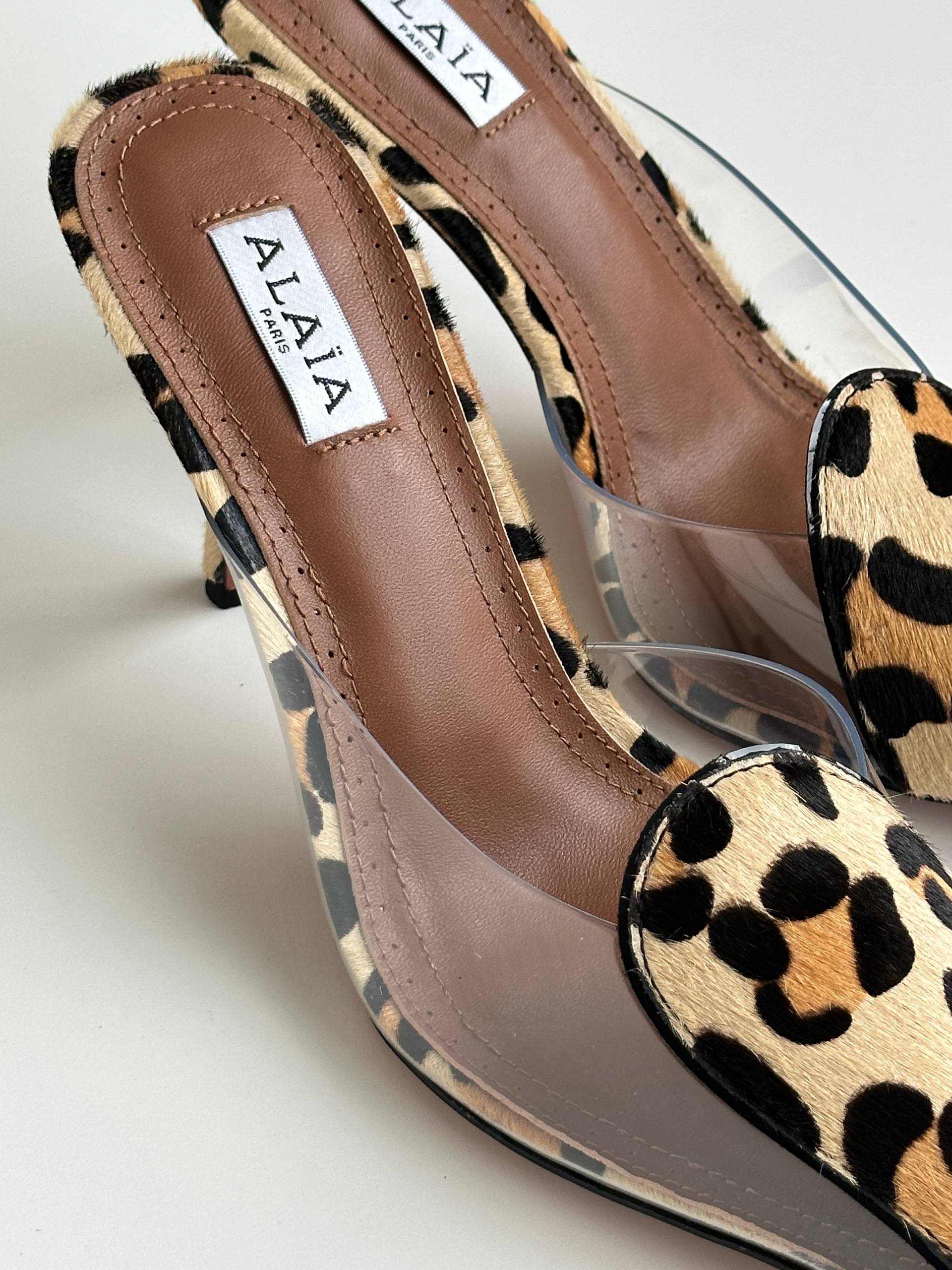 ALAÏA Leopard Print Calf Hair Pointed PVC Two-Strap Mule Heels