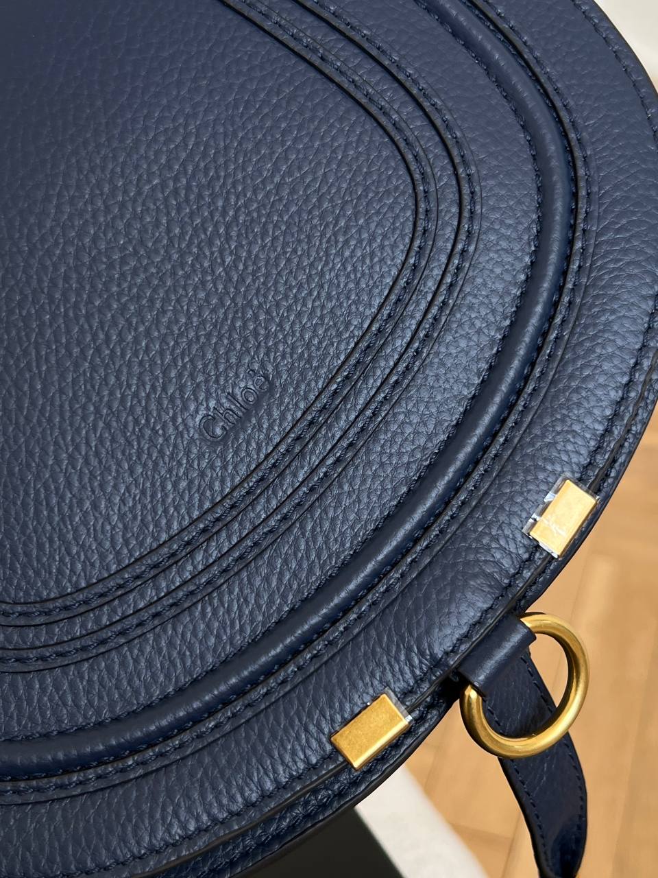 Chloé Navy Pebbled Leather Small Marcie Saddle Crossbody Bag