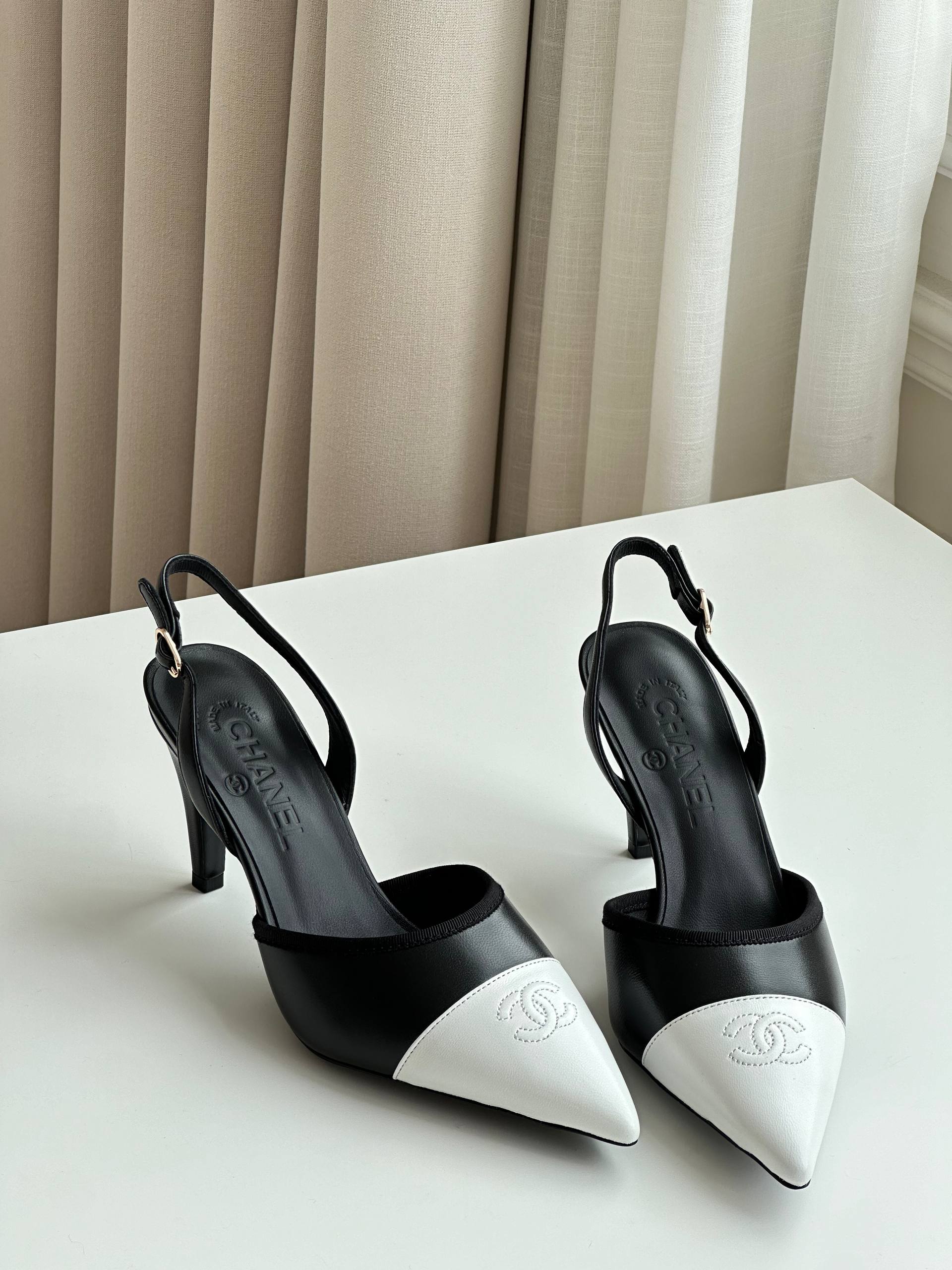 Chanel Black & White Color-block Pointed Toe Slingback High Heel Sandals