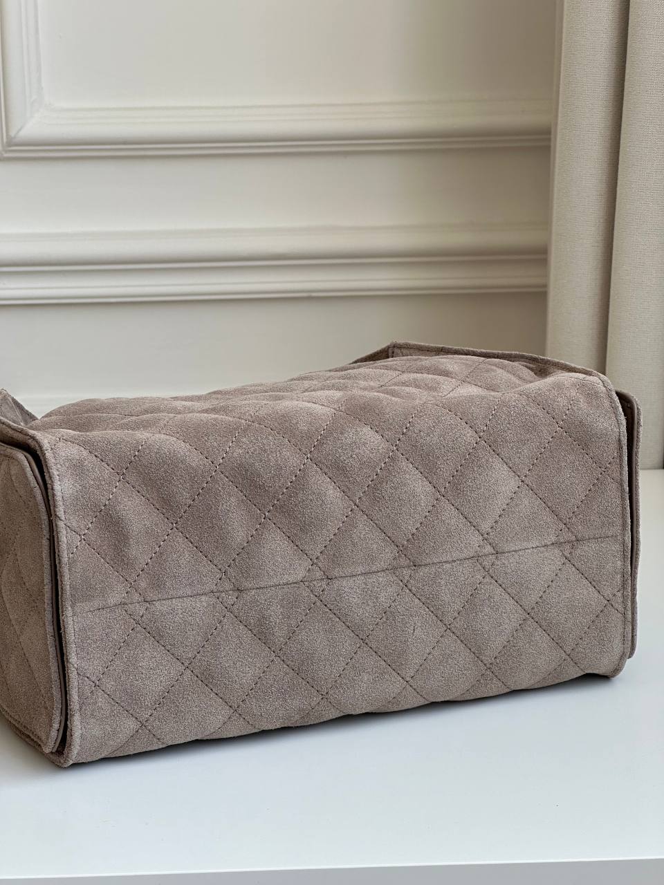 Chanel Taupe Suede Quilted Drawstring Chain Handle Tote Bag