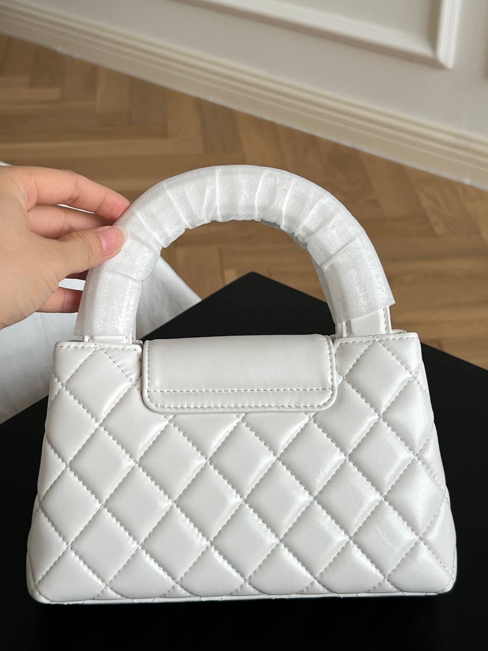 Chanel White Shiny Lambskin Quilted Mini Handbag With Gold CC Turn Lock
