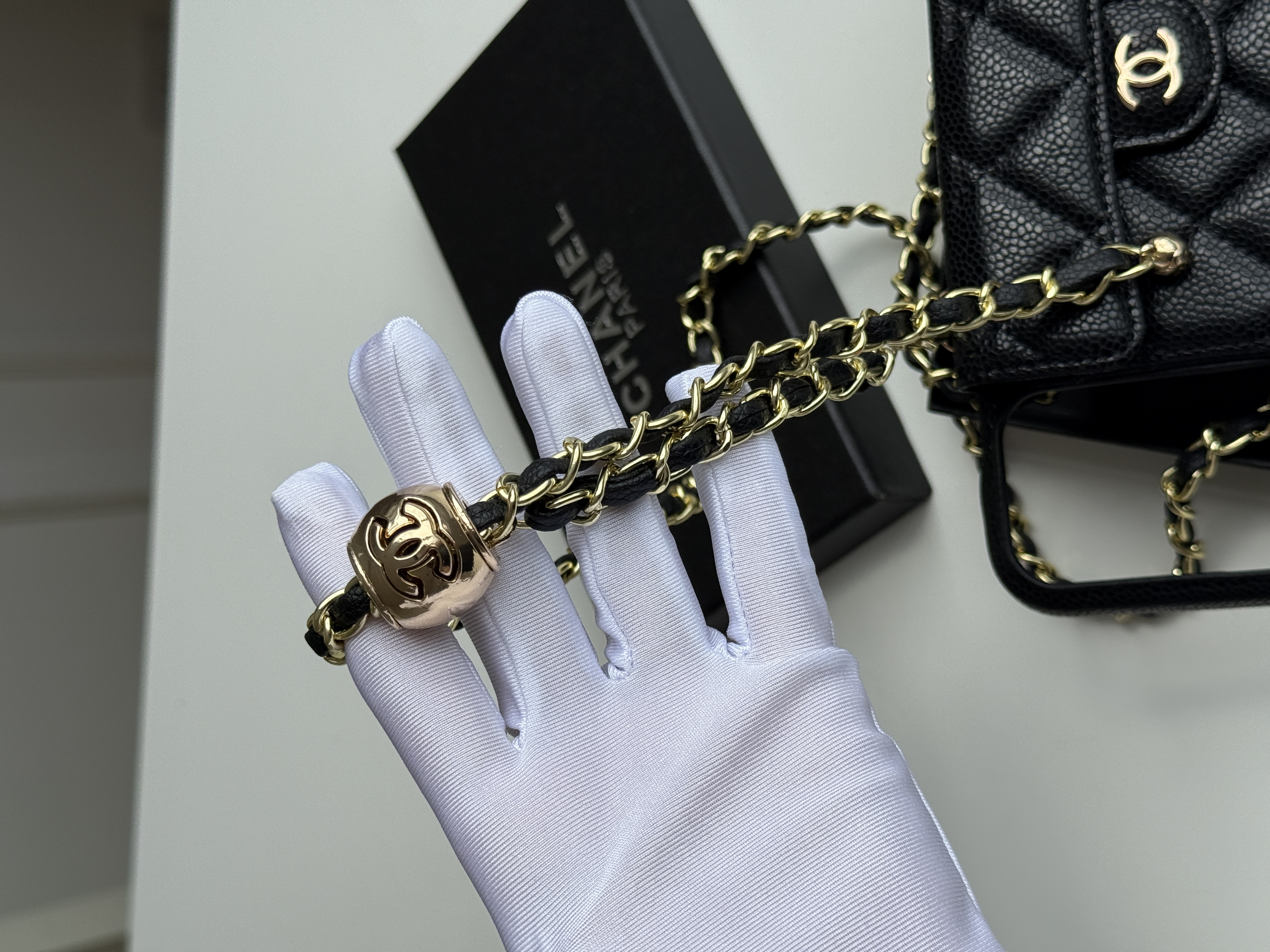 Chanel Black Caviar Leather Quilted Phone Holder Chain Crossbody Bag