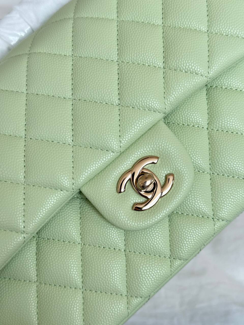 CHANEL Classic Flap Light Green Caviar Quilted Leather Bag with Light Gold Hardware