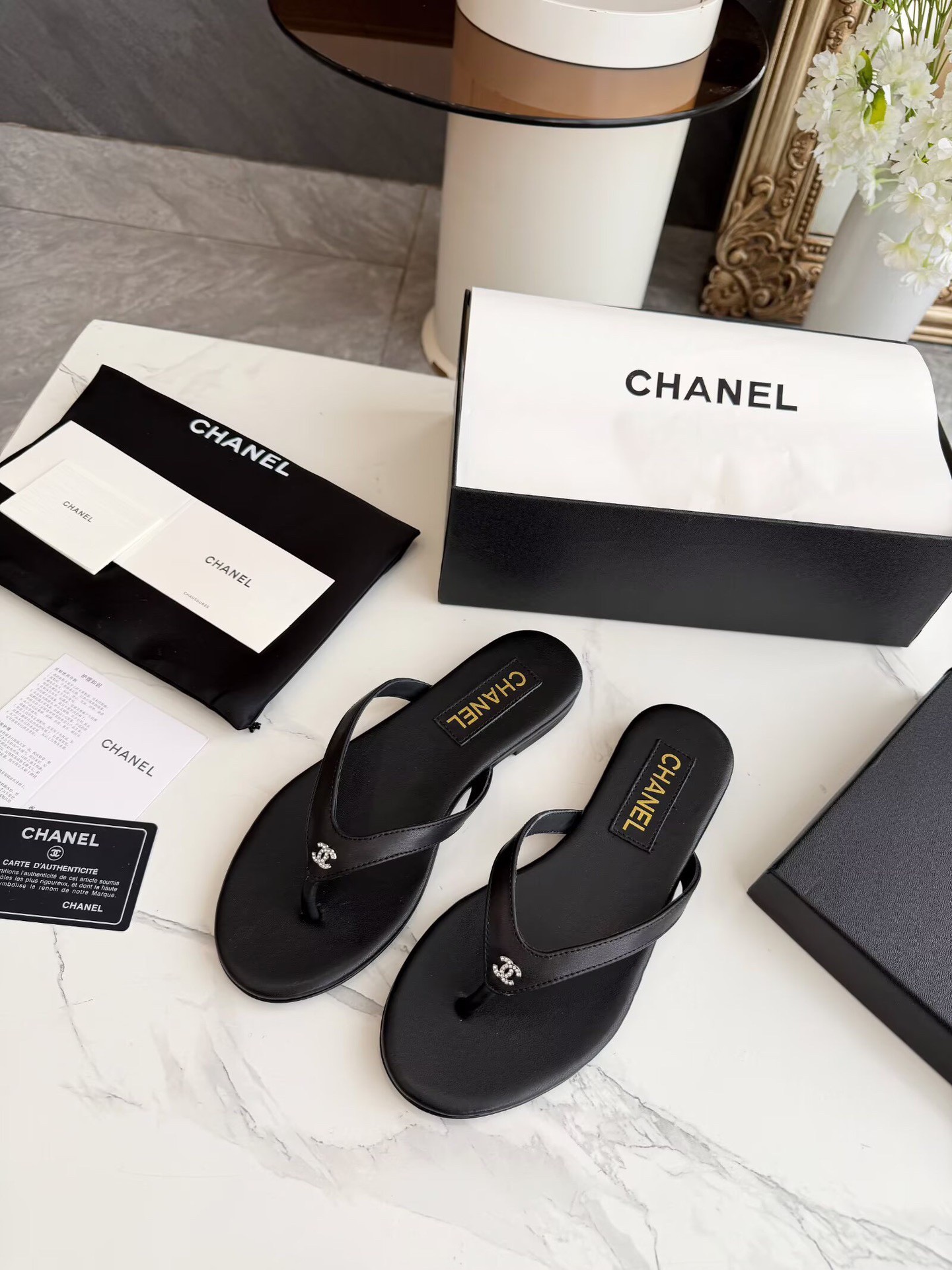 Chanel Black Thong CC Sandals