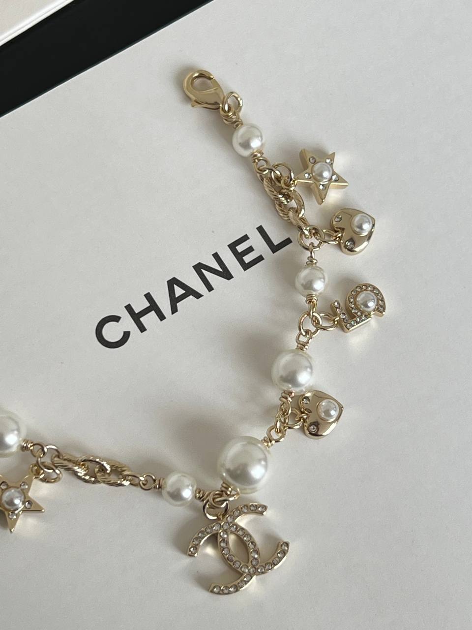 Chanel Pearl Crystal CC Star & Heart Charm Adjustable Bracelet