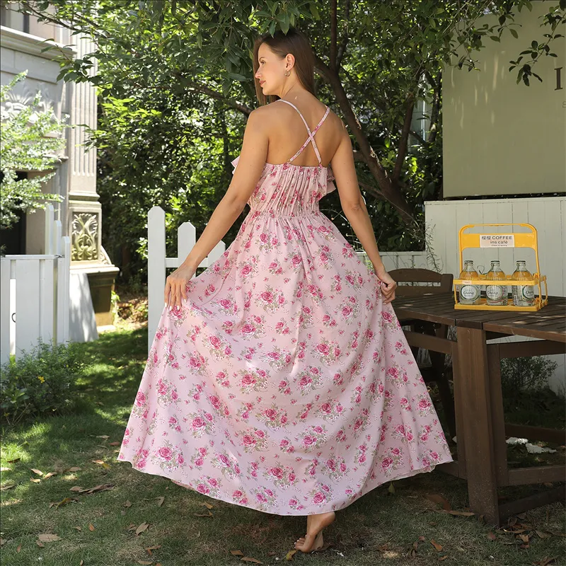 Robe Longue Fluide à Motif Floral 