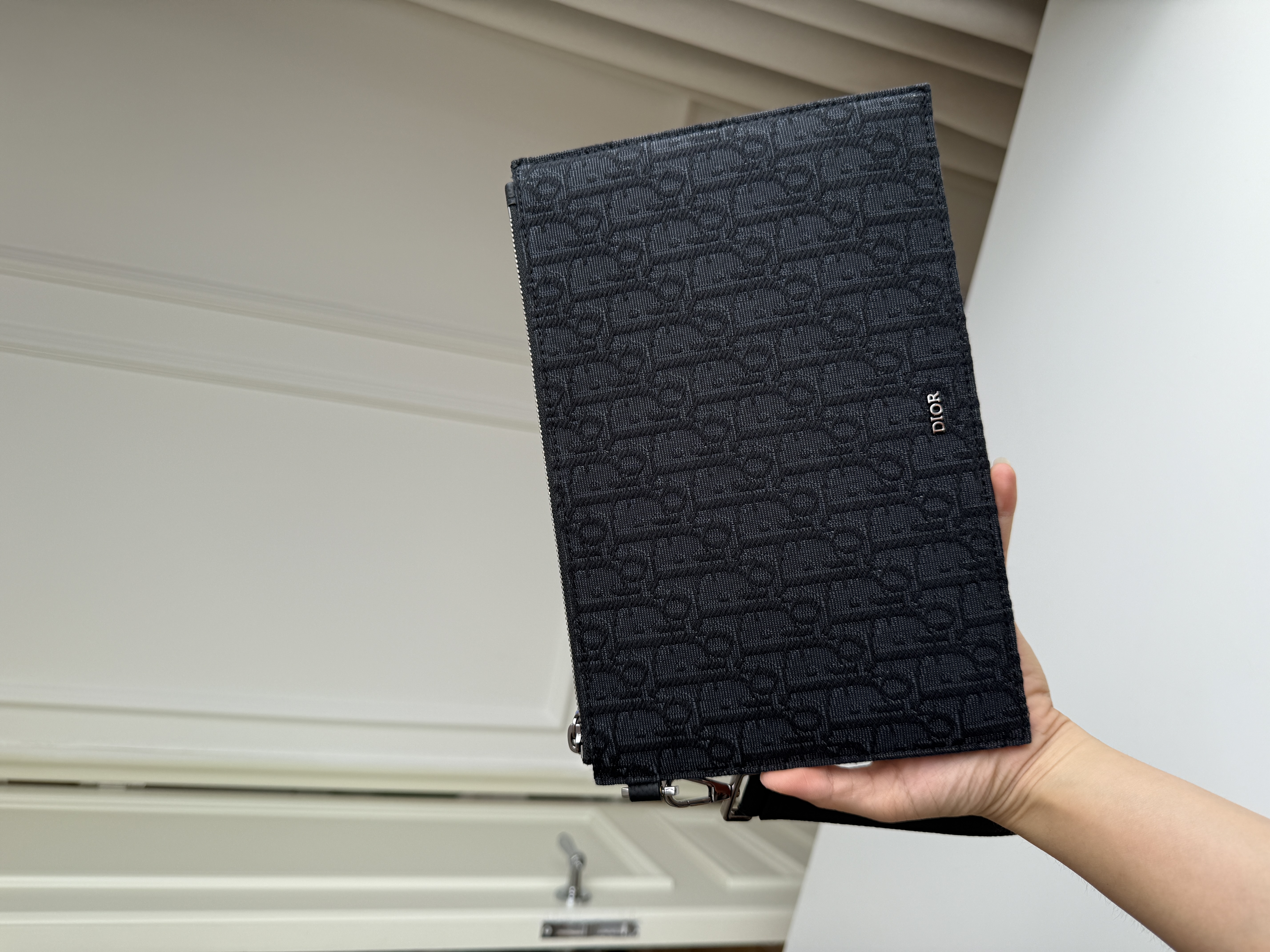 Dior Black Oblique Jacquard Zip Pouch With Wrist Strap