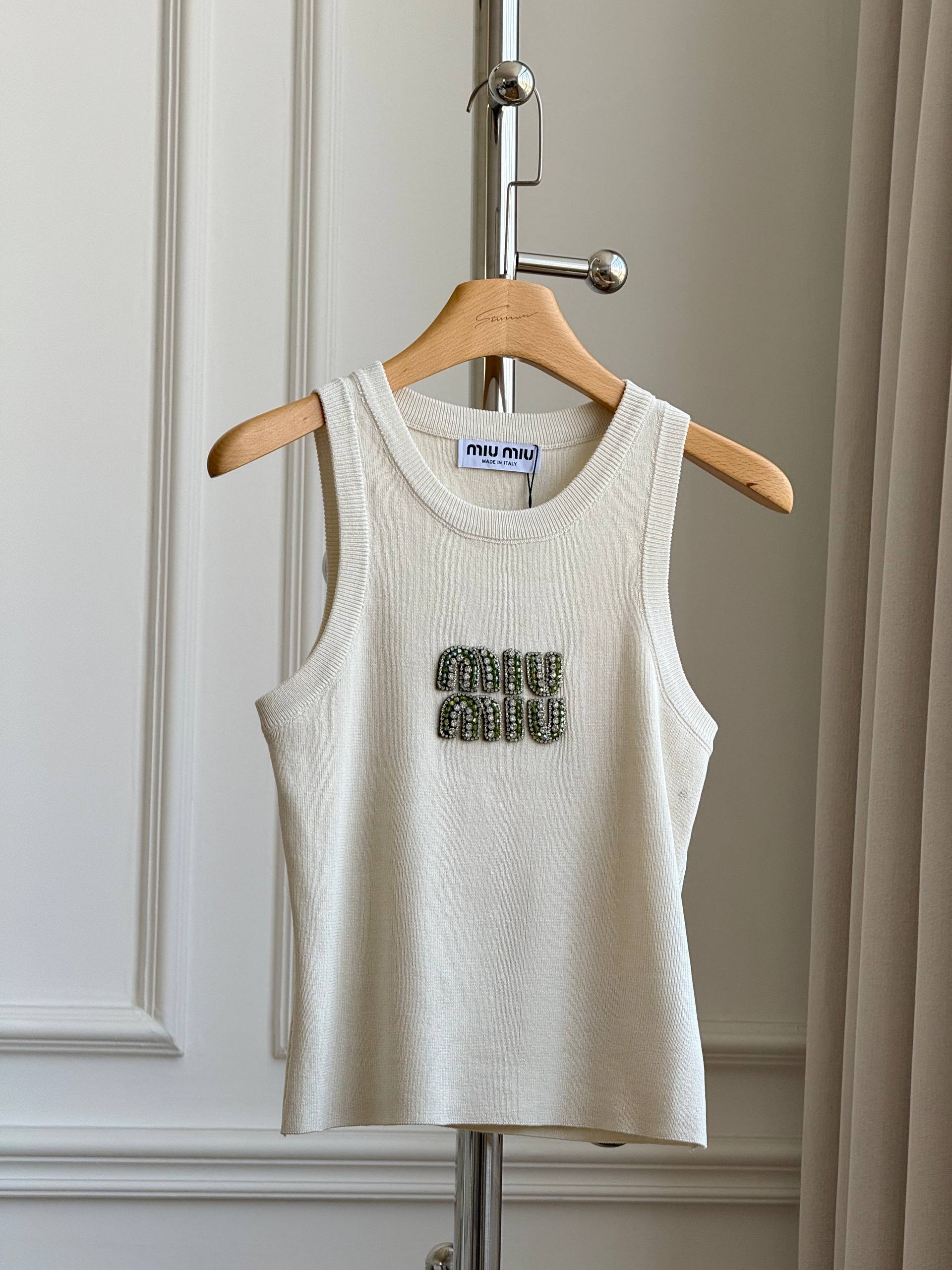 Miu Miu Crystal-Embellished Logo Knit Tank Top