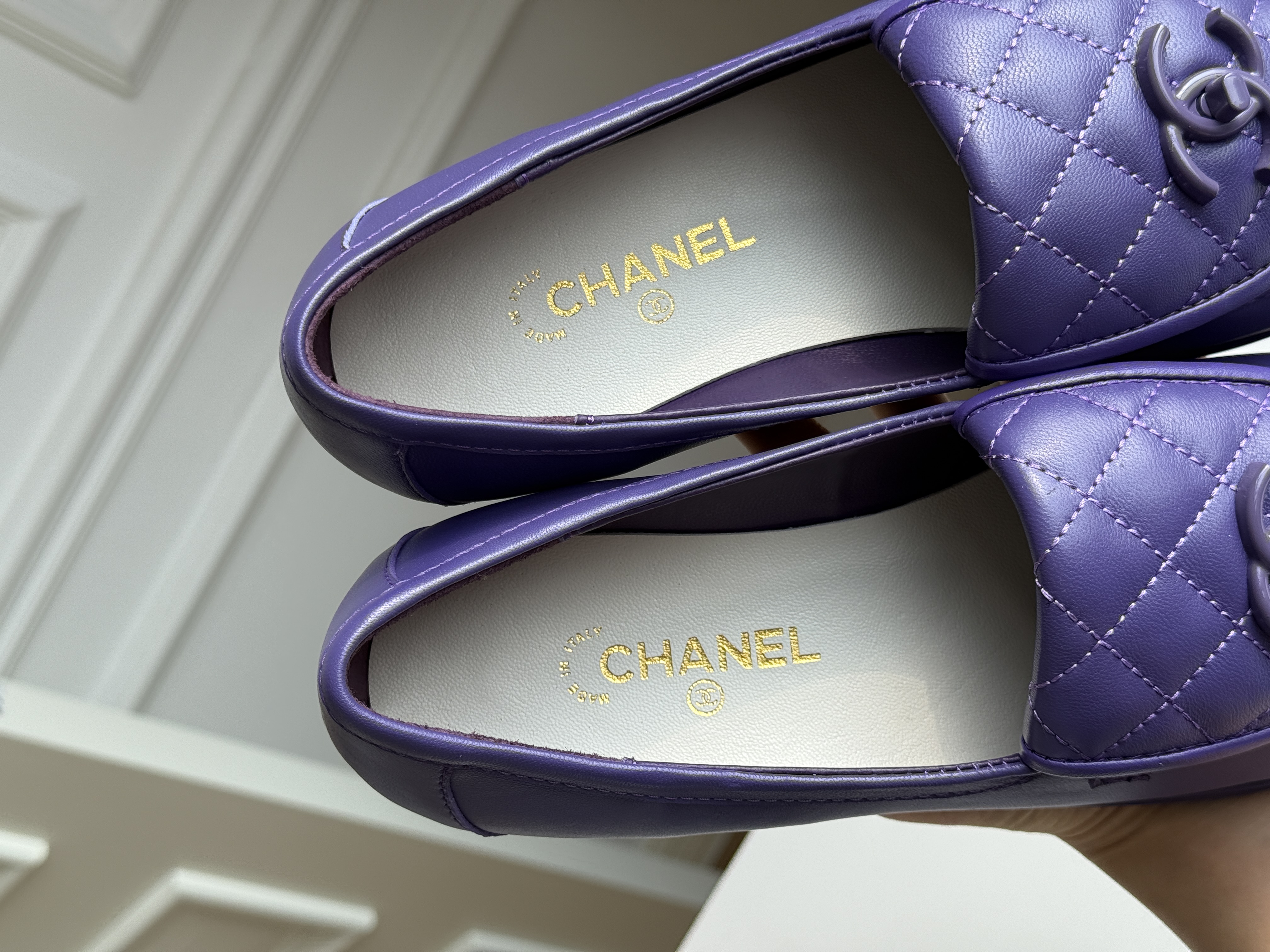 Chanel Purple Smooth Lambskin Quilted CC Logo Low Block Heel Loafers