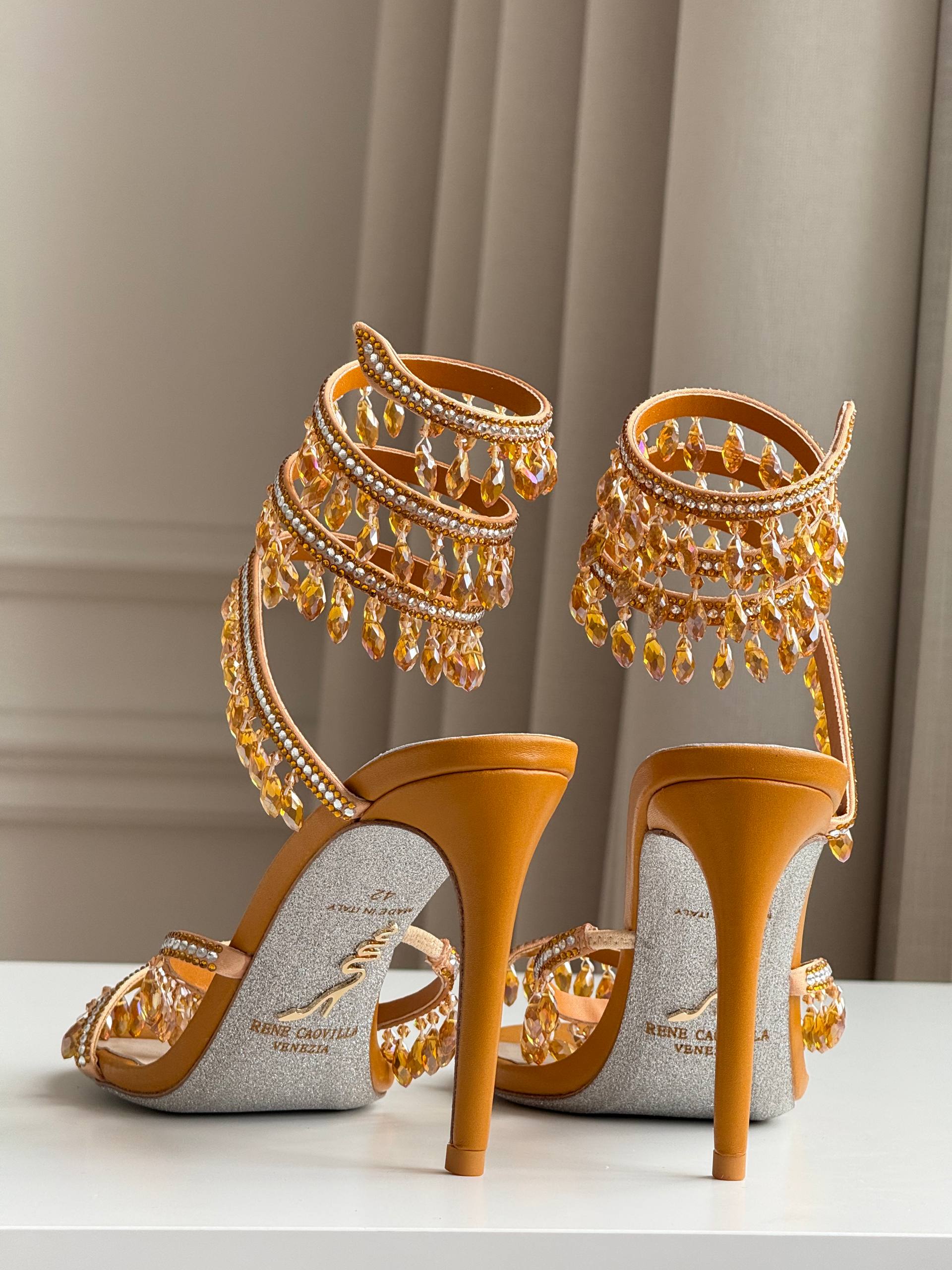 Rene Caovilla Champagne Crystal Ankle Wrap Fringe High Heel Sandals