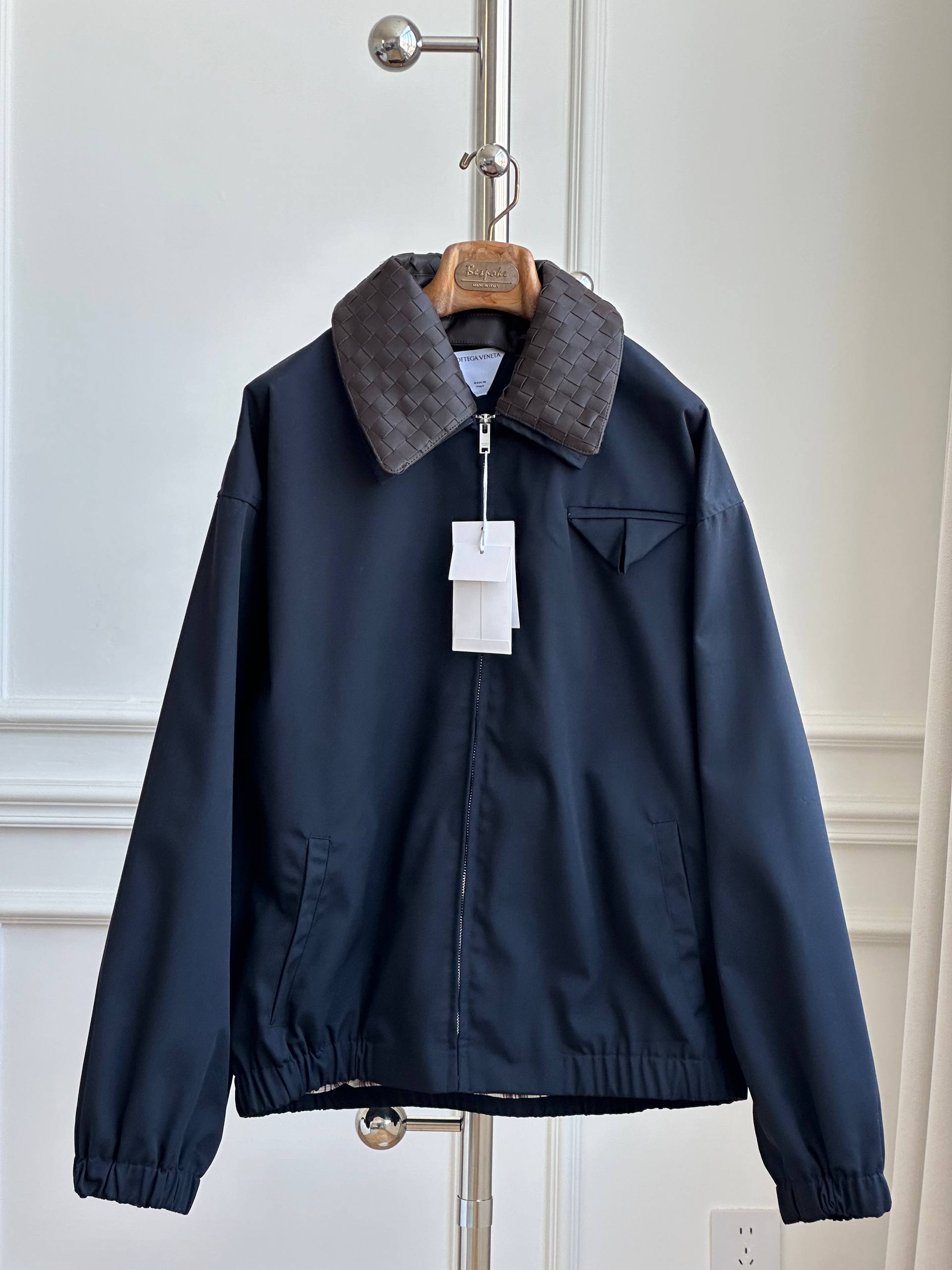 Bottega Veneta Cotton Twill Bomber Jacket with Intrecciato Leather Collar