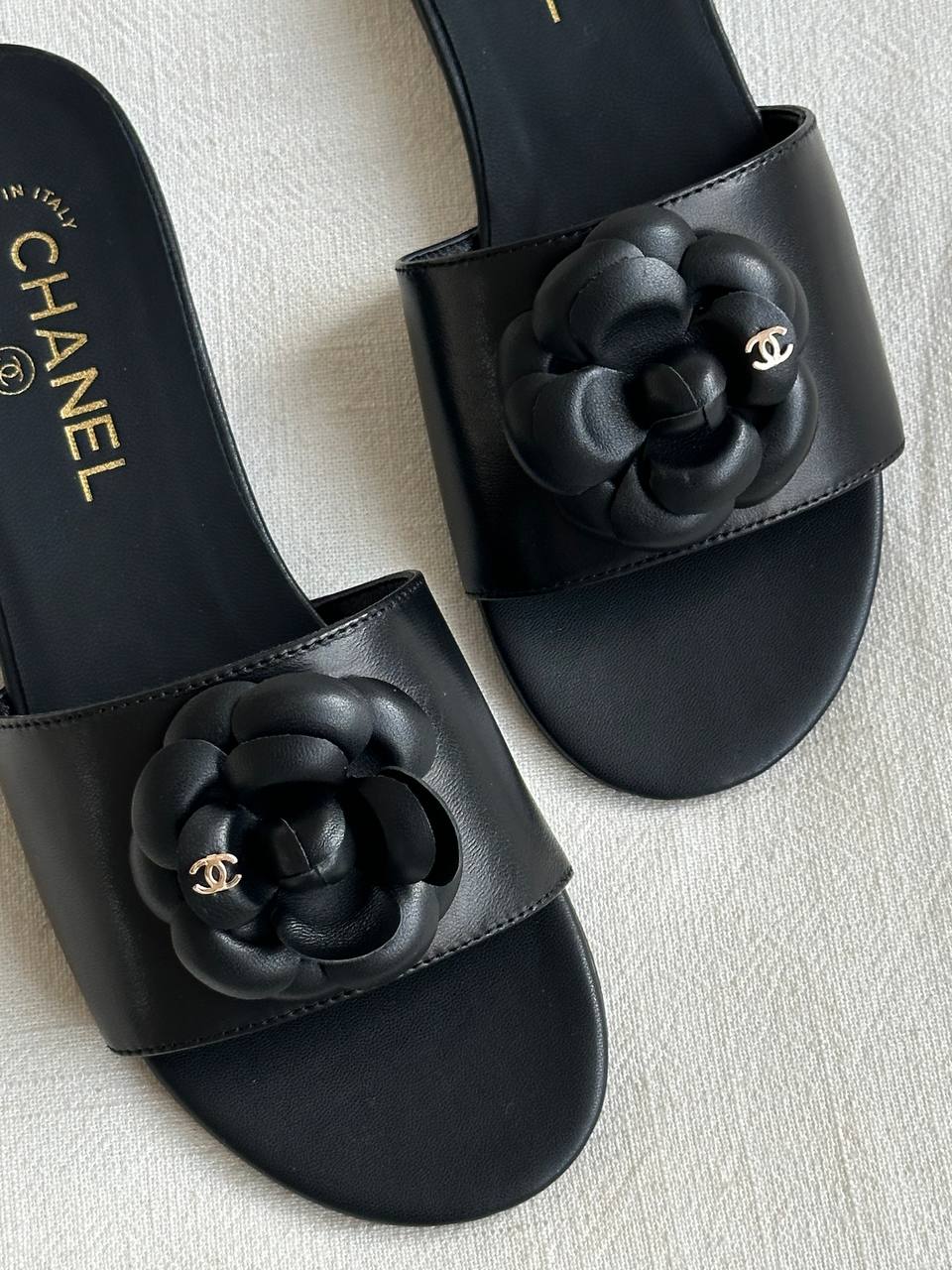 Chanel Black Smooth Leather Camellia Flat Slide Sandals