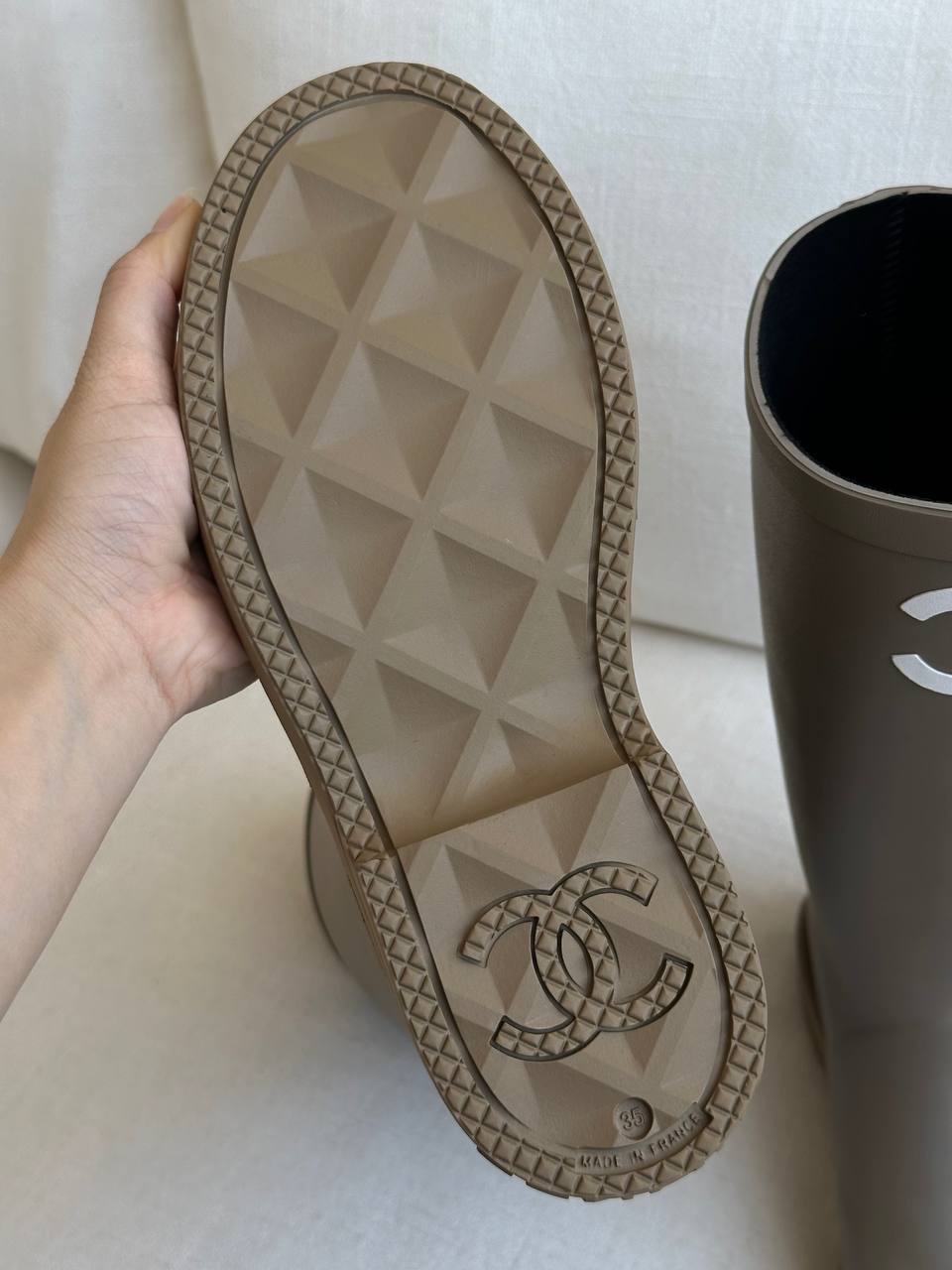 Chanel Milk Tea Tall Rubber Rain Boots With Interlocking CC Logo